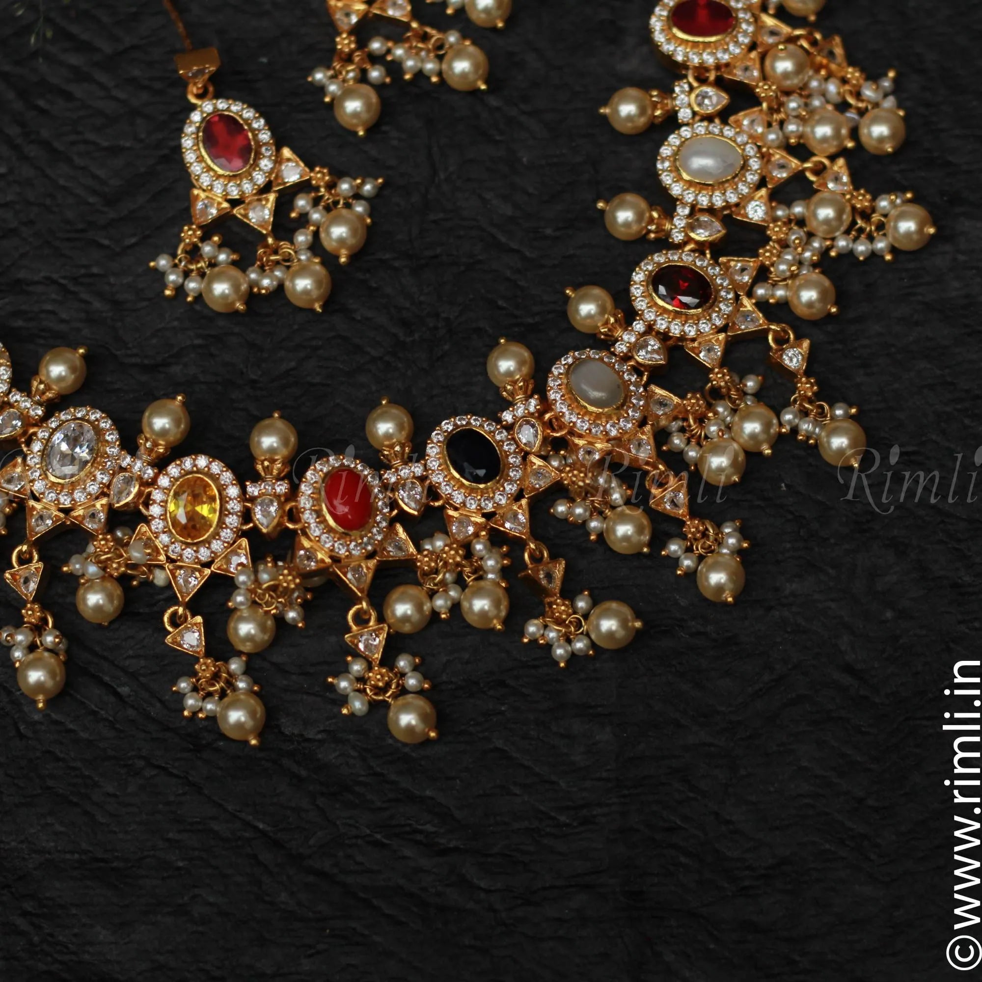 Silver Navrathna Necklace Set - Rimli Boutique