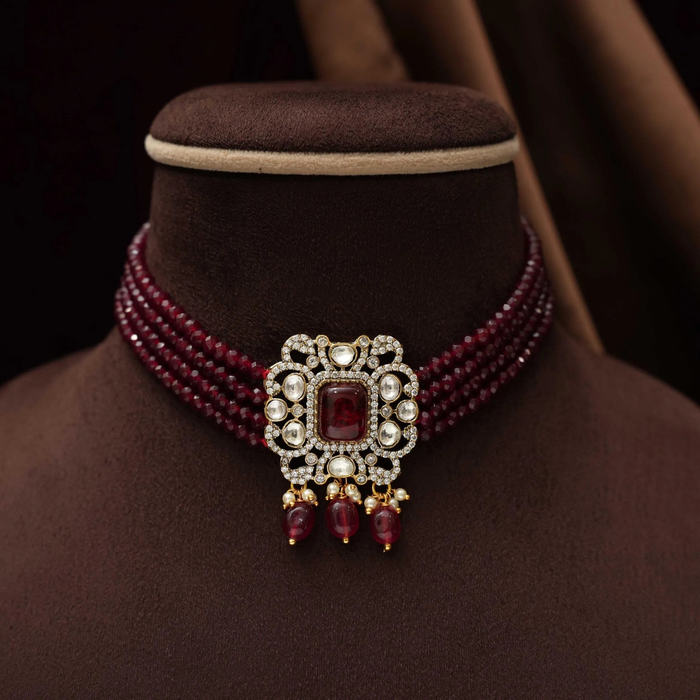 Srinika Polki Beaded Choker - Maroon