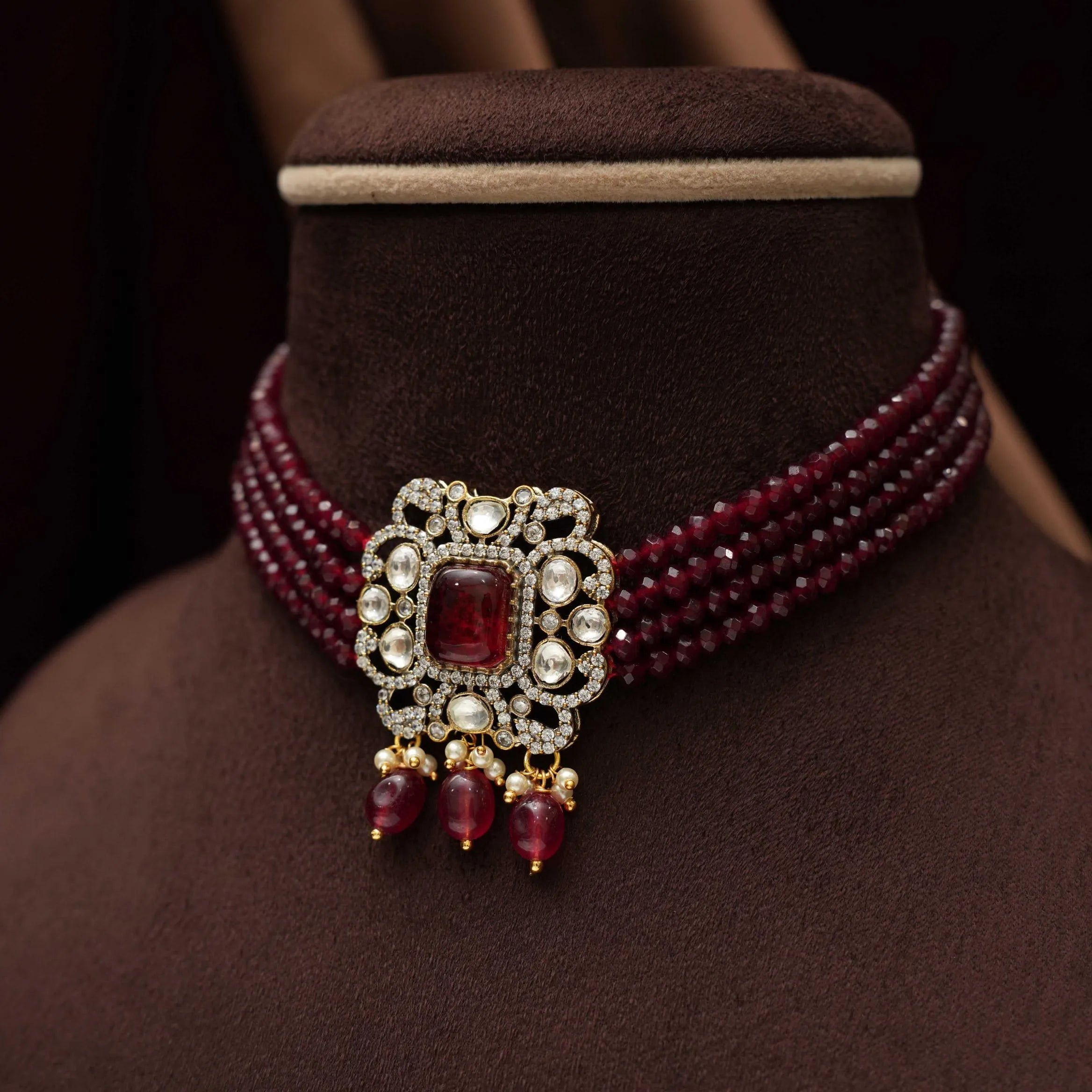 Srinika Polki Beaded Choker - Maroon