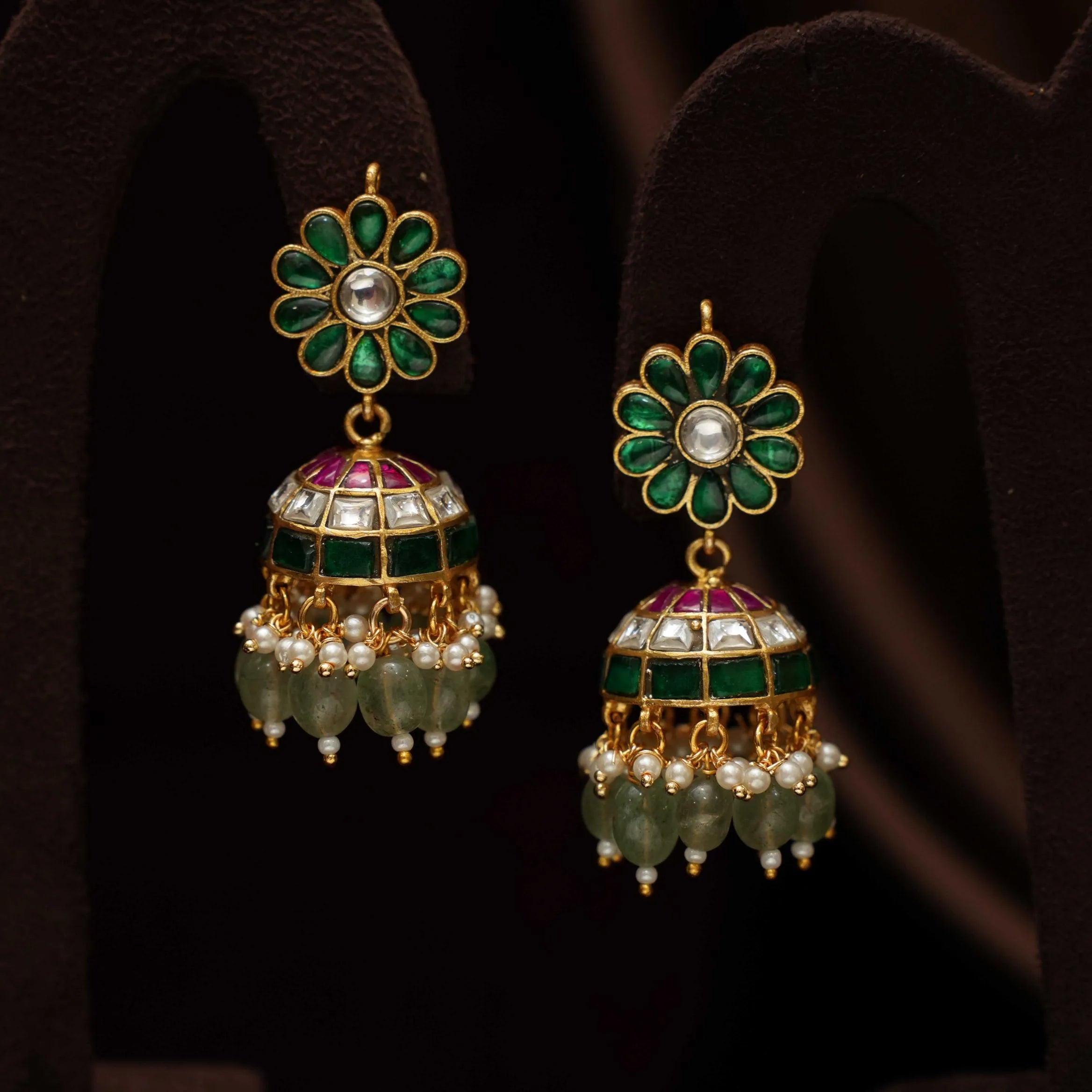 Sundari Polki Jhumka Earrings - Green