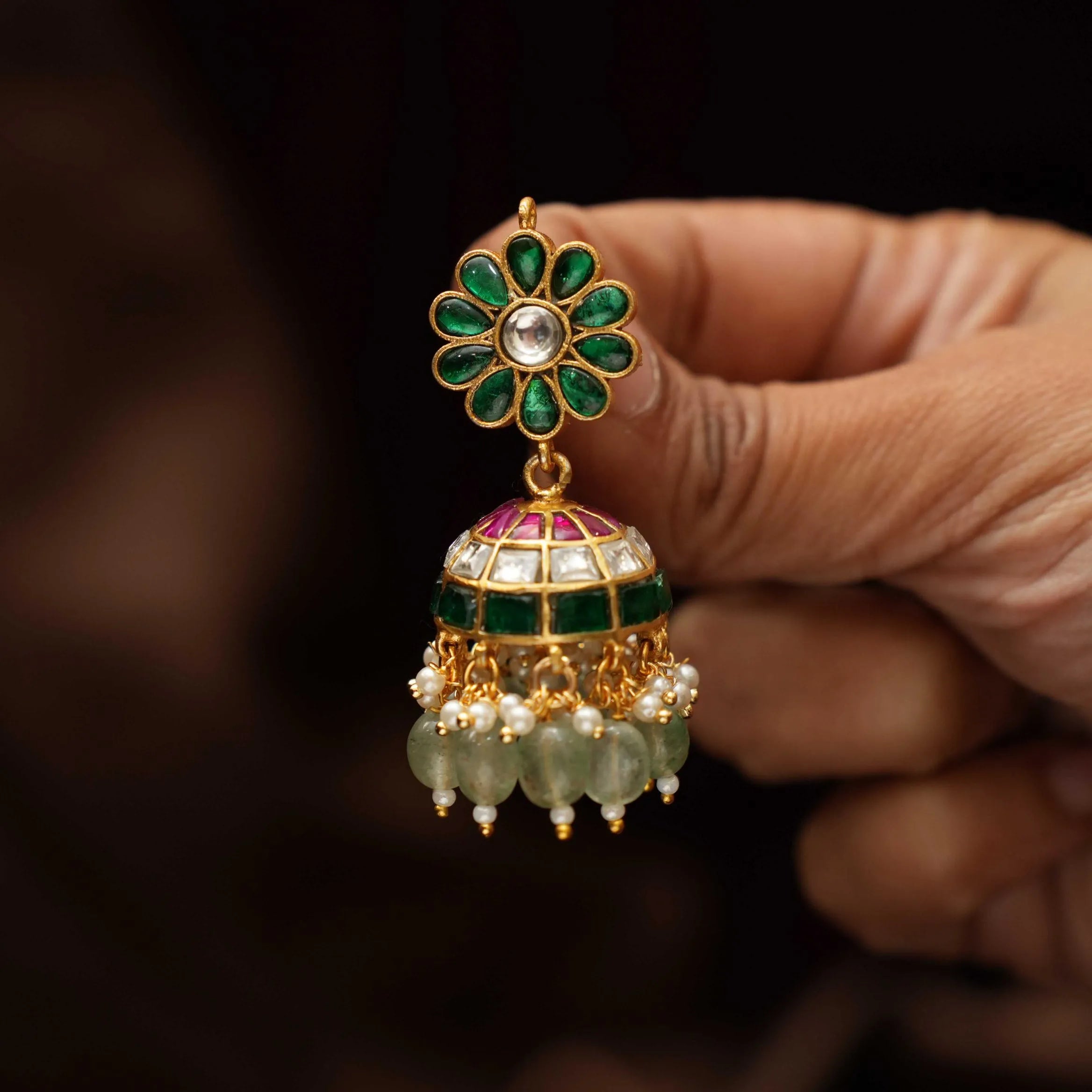 Sundari Polki Jhumka Earrings - Green