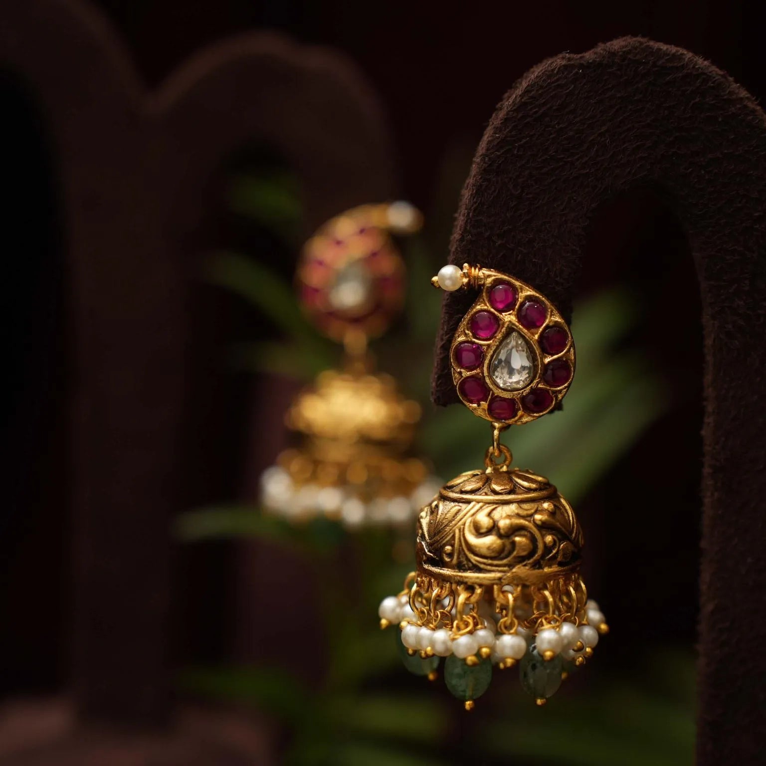 Tami Antique Jhumka Earrings - Red