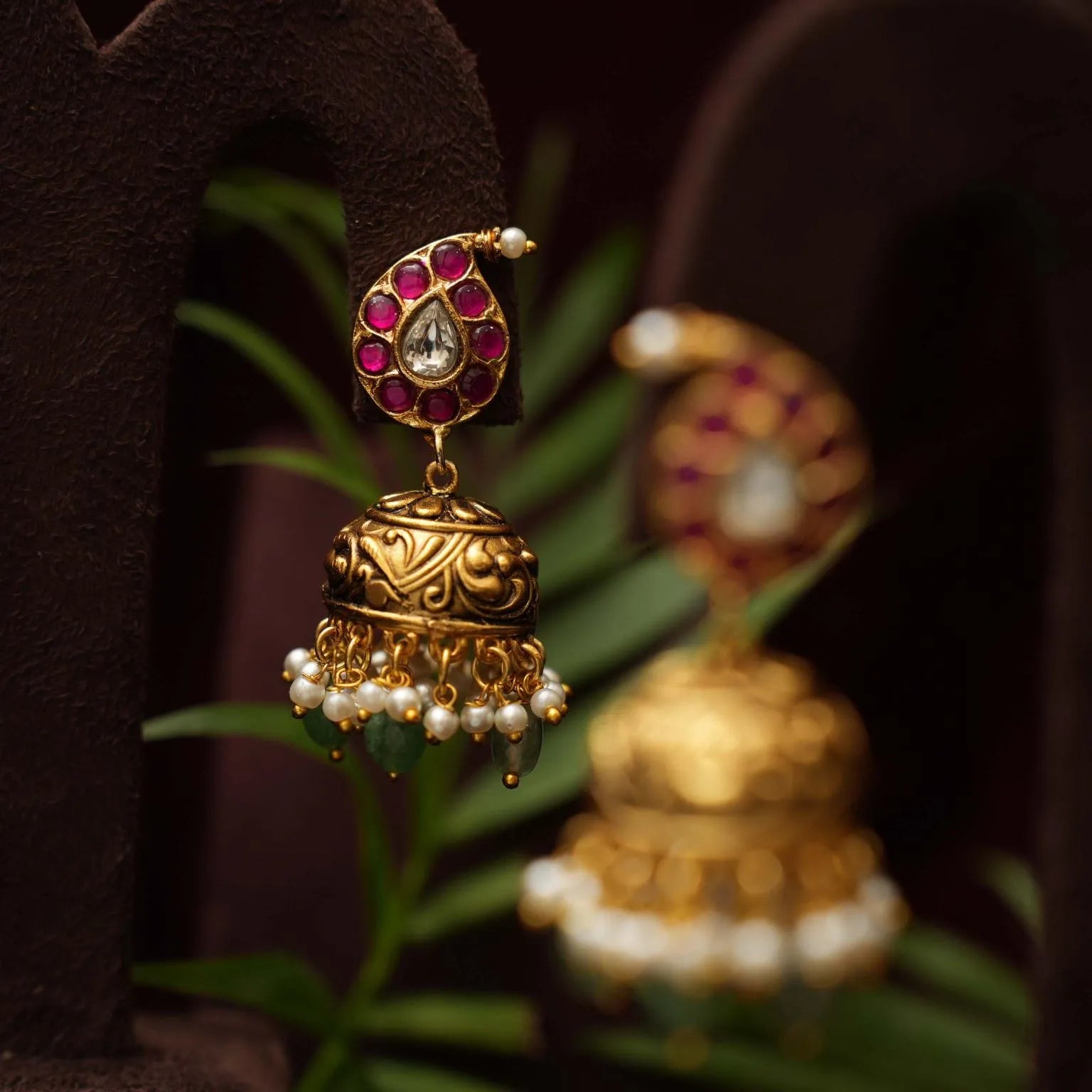 Tami Antique Jhumka Earrings - Red