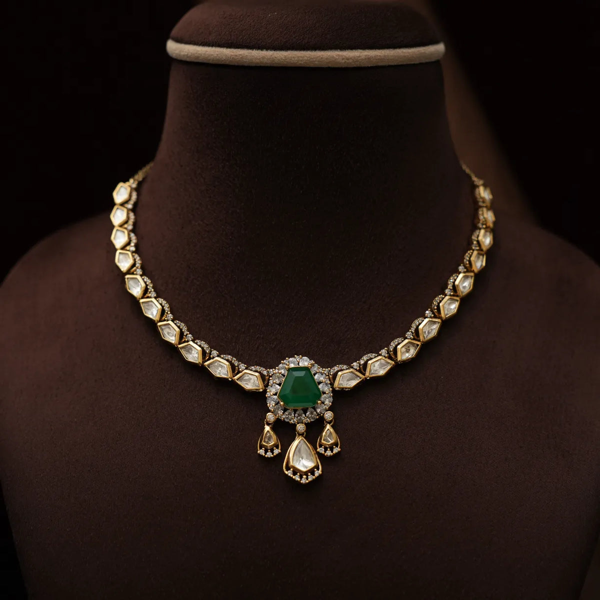Tamia Victorian Kundan Necklace - Green & White