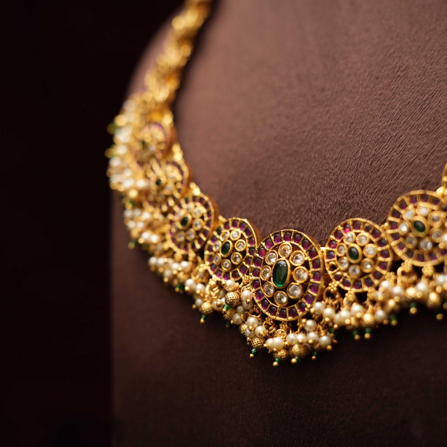 Traditional Long Necklace Set Made with Green and White stone - Rimli Boutique