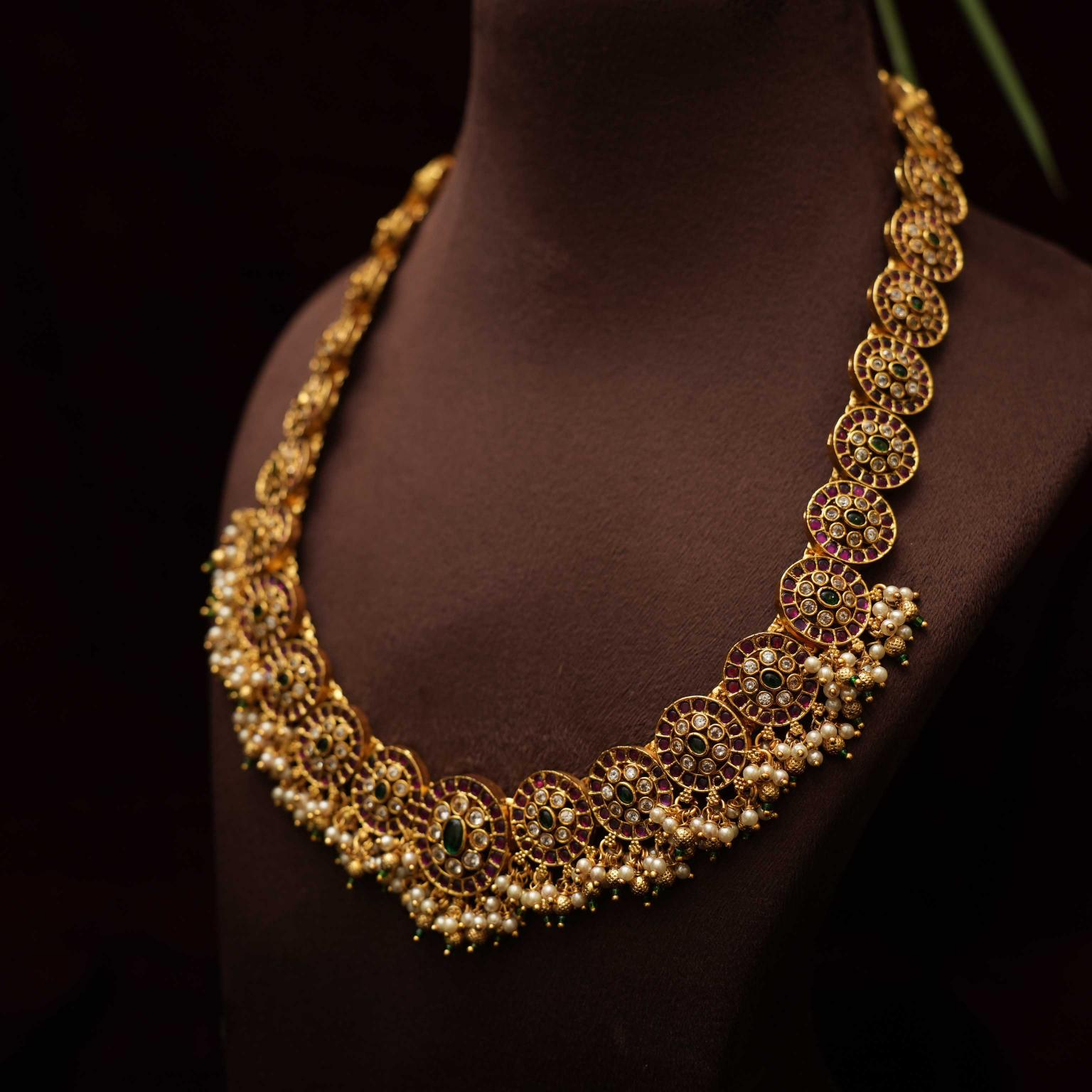 Traditional Long Necklace Set Made with Green and White stone - Rimli Boutique