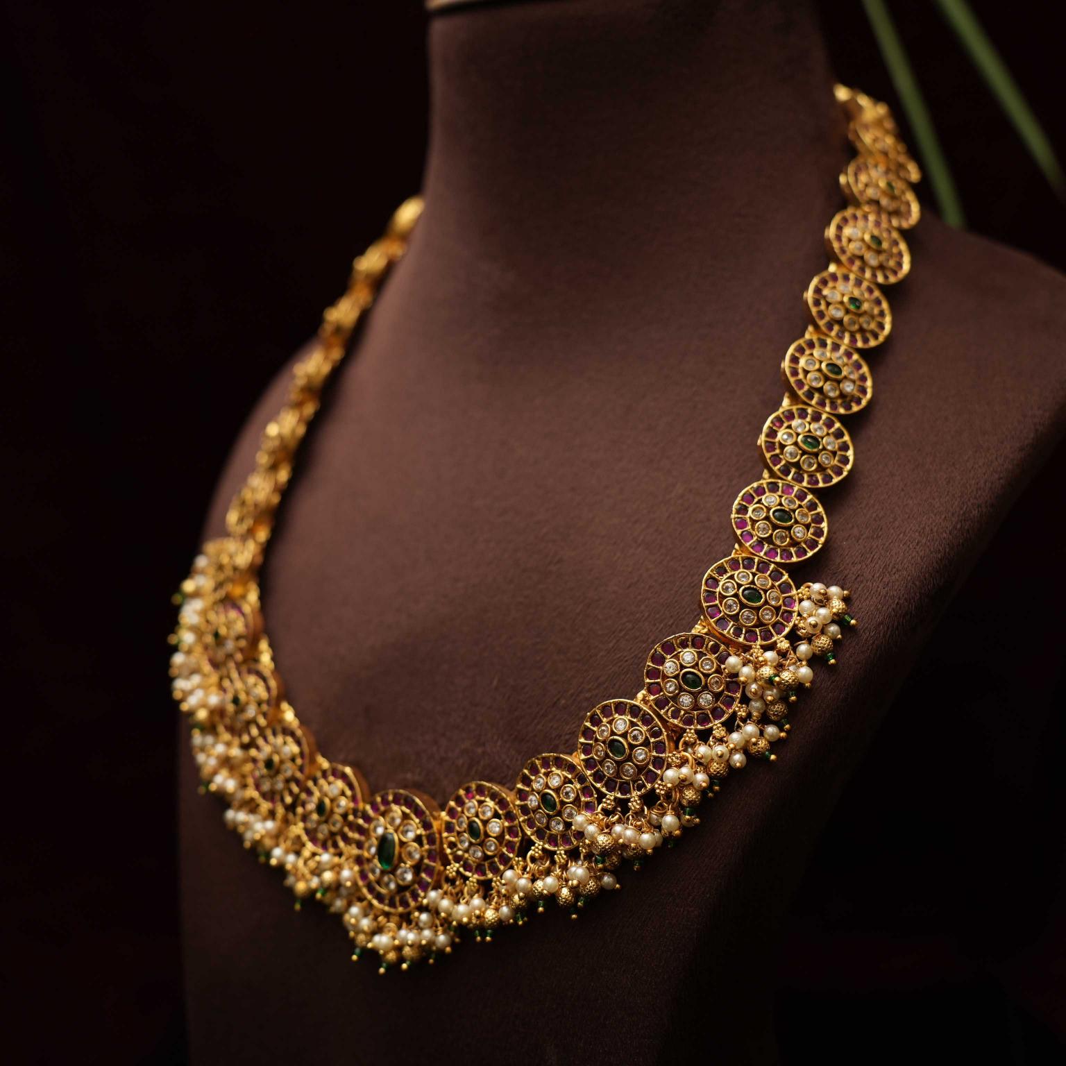 Traditional Long Necklace Set Made with Green and White stone - Rimli Boutique