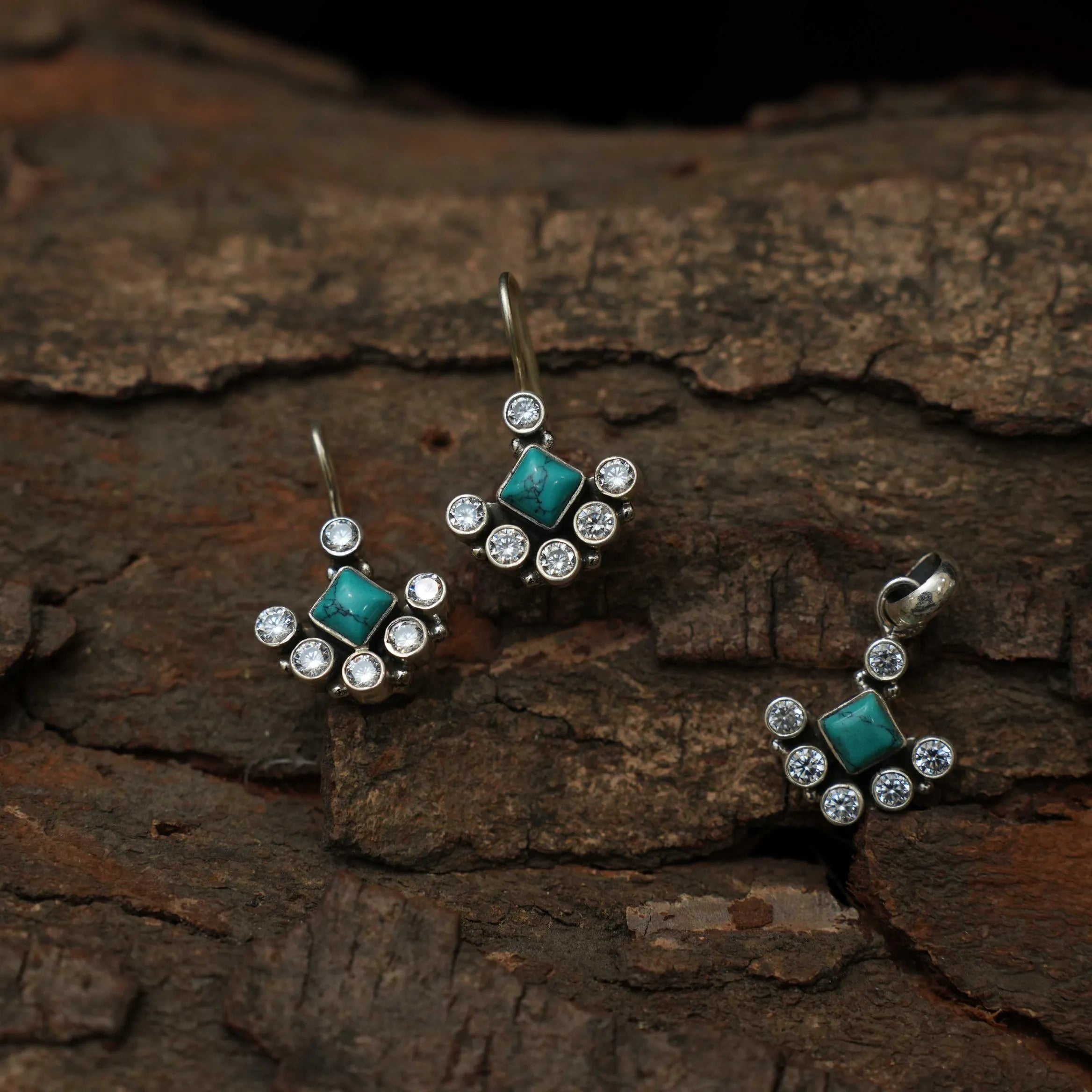 Uditi Silver Oxidised Earring Set - Turquoise
