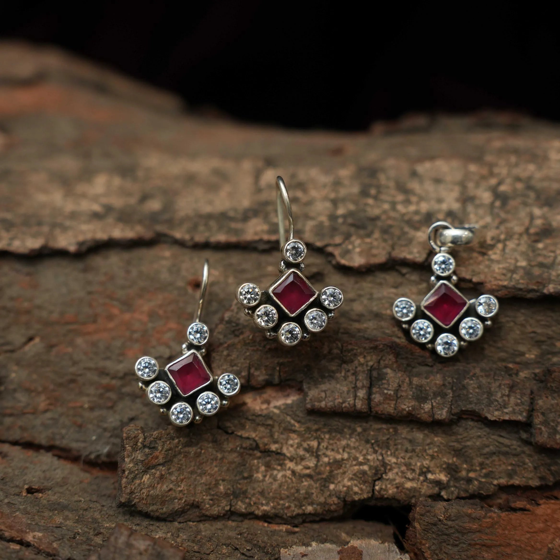 Uditi Silver Oxidised Earring Set - Red