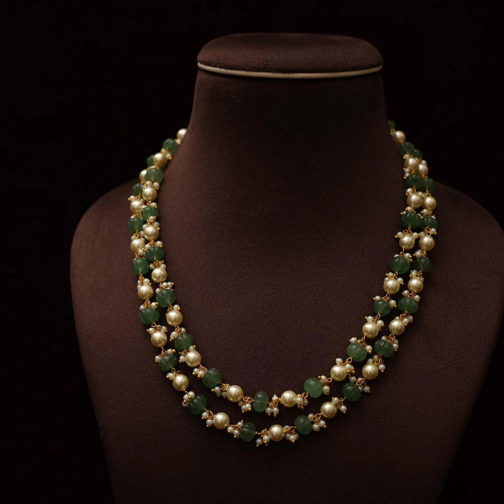 Beaded Long Necklace Set in Green Leaf Color For Bridal - 3582