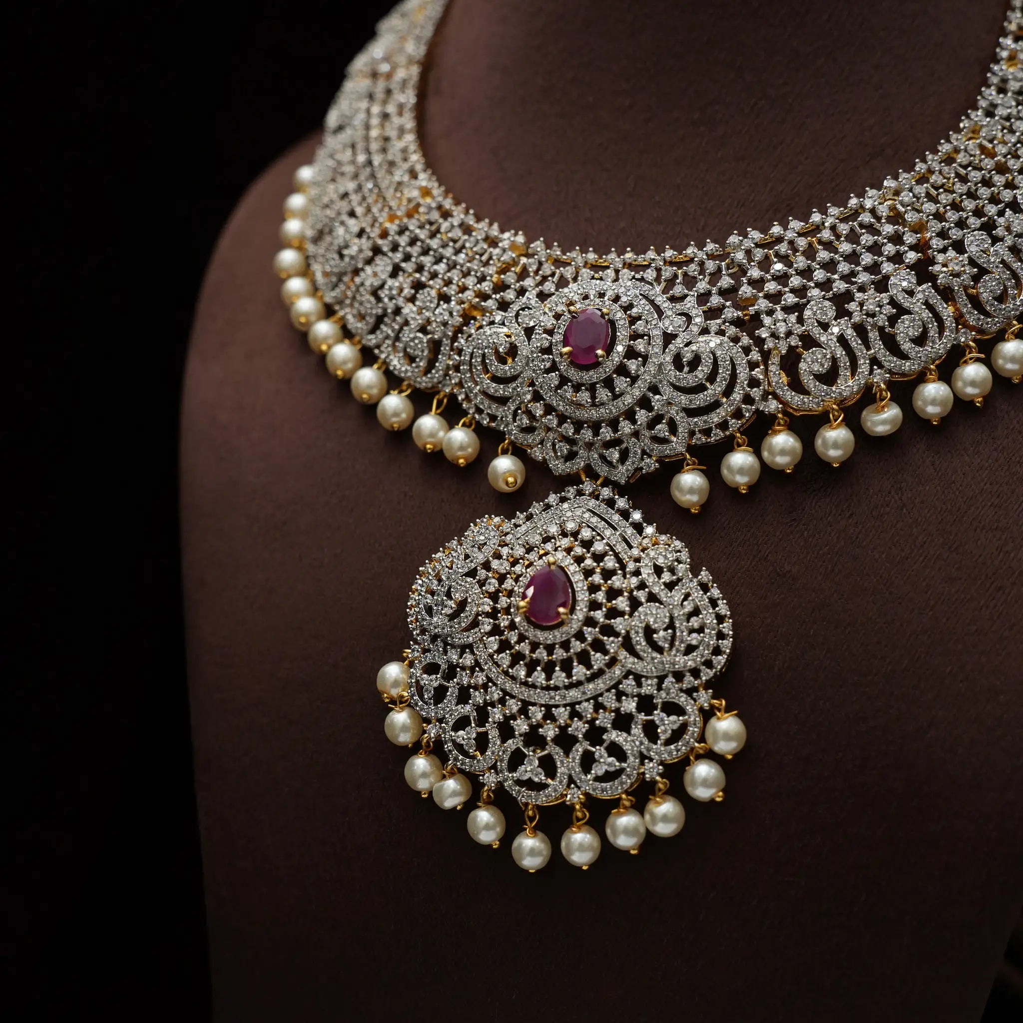 Vachika Zircon Necklace - Reddish Pink