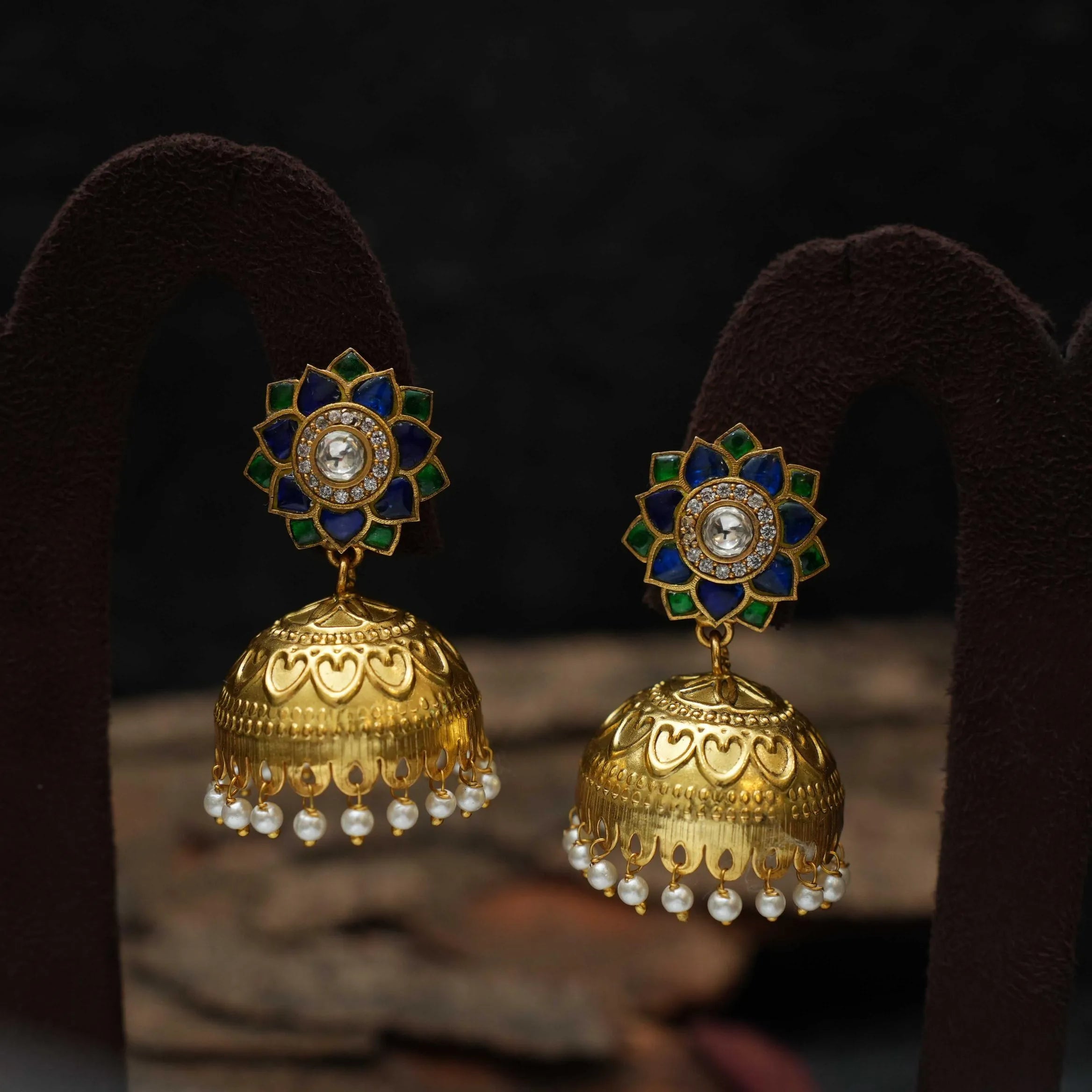 Vaisiri Polki Jhumka - Blue & Green