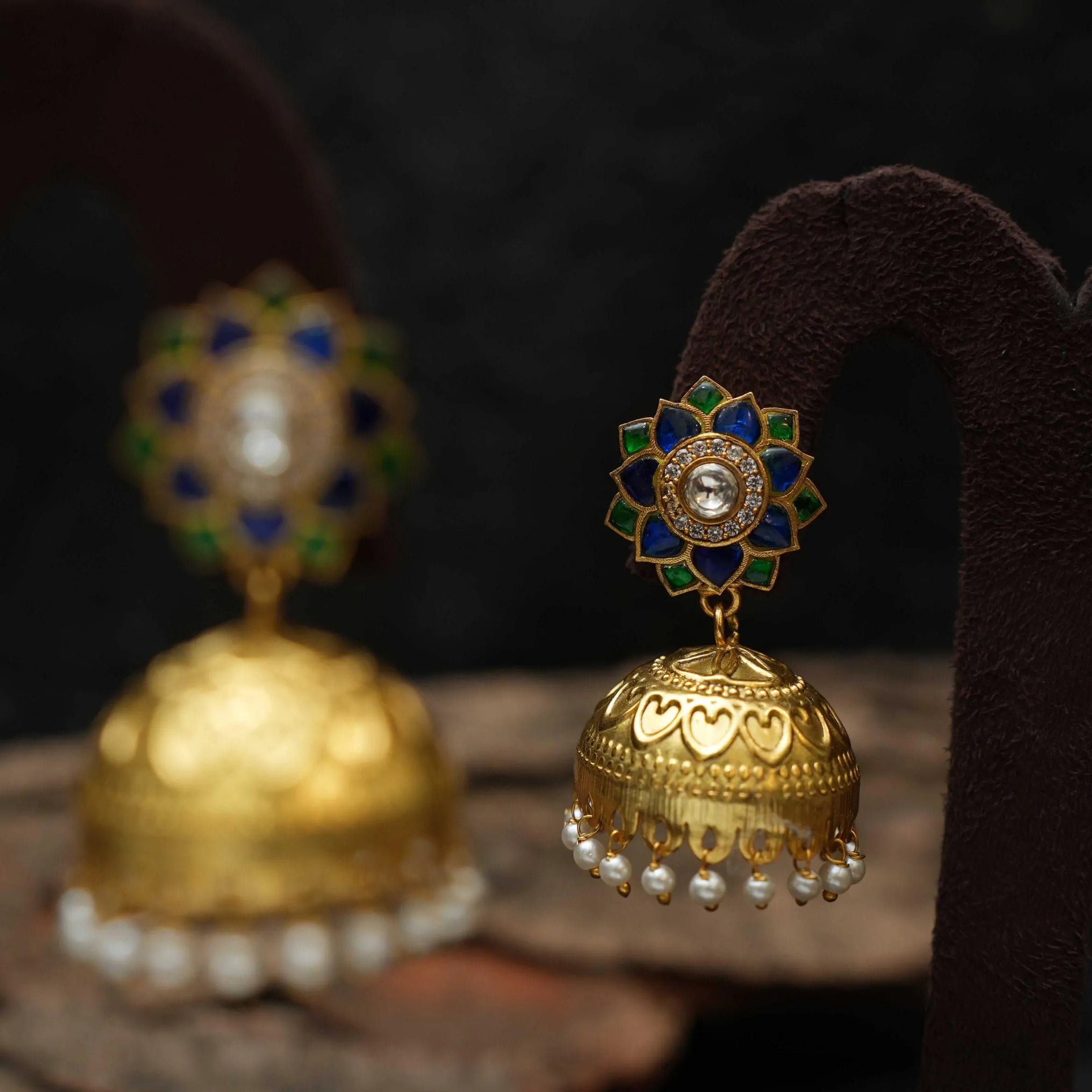 Vaisiri Polki Jhumka - Blue & Green