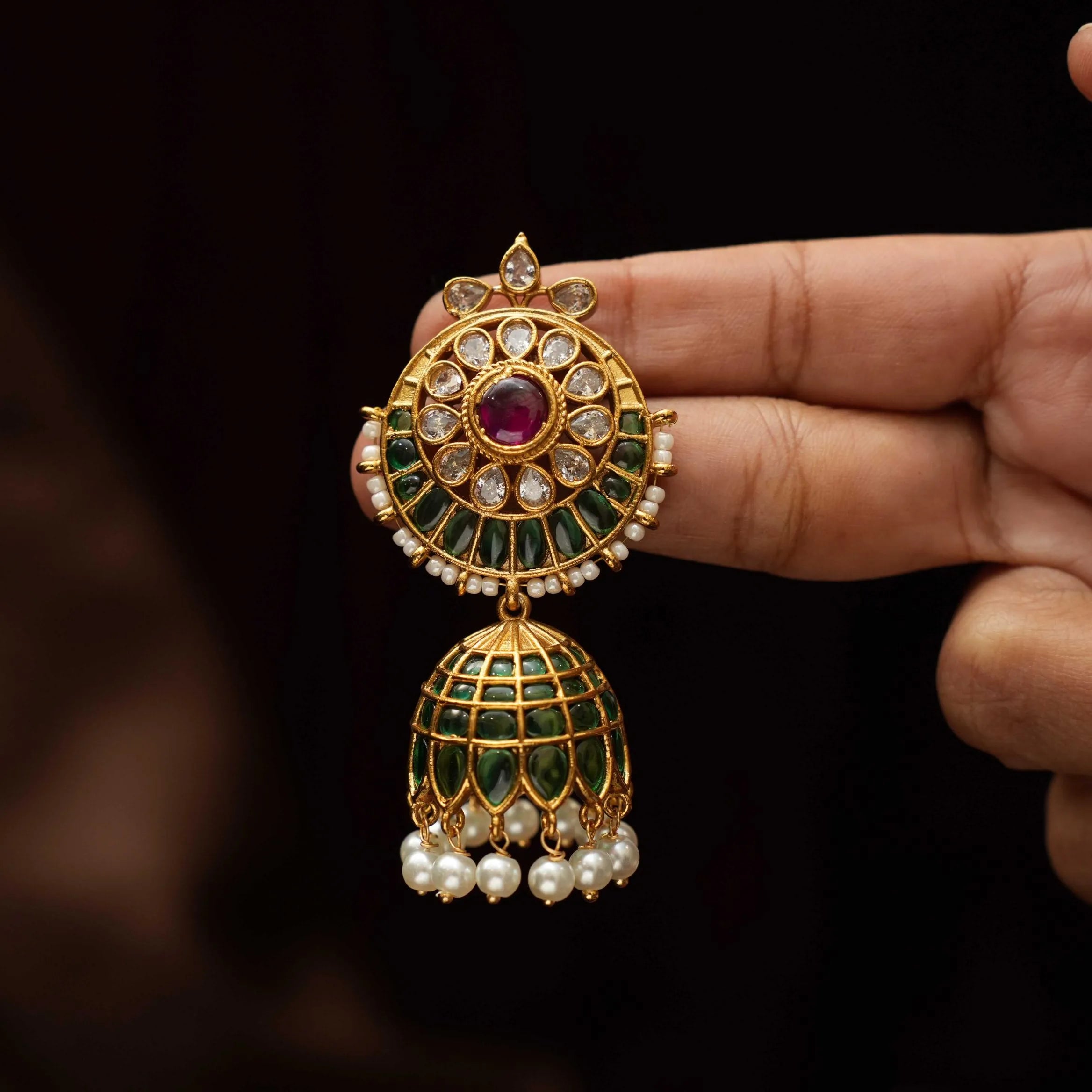 Varnika Antique Jhumka Earrings - Green