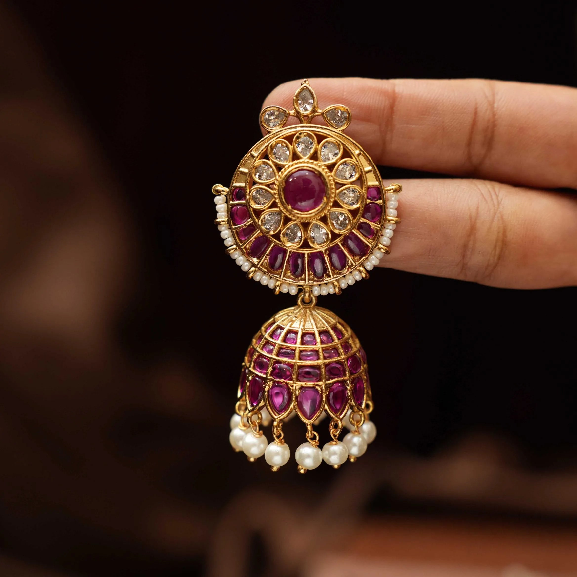 Varnika Antique Jhumka Earrings - Red