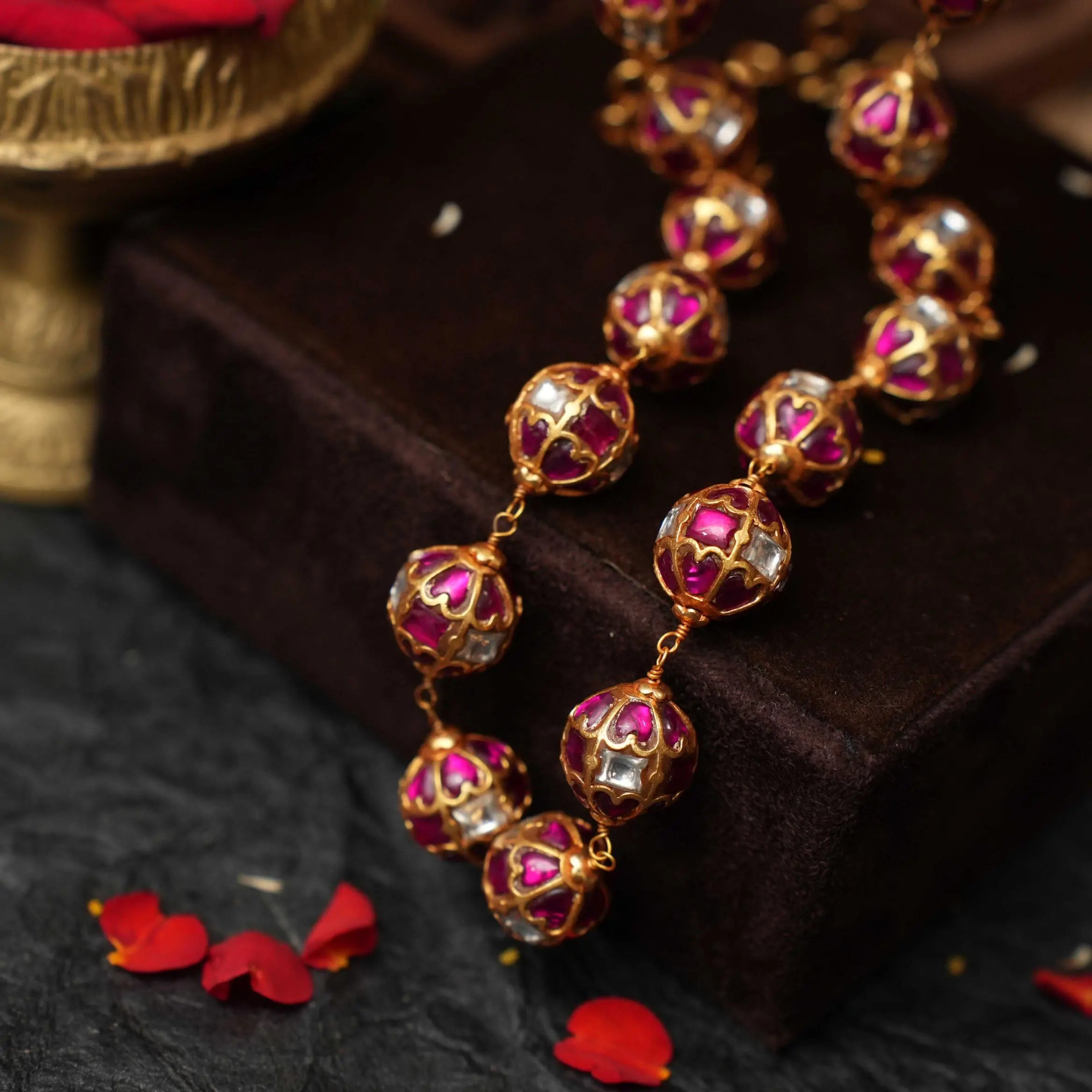 Veida Silver Beaded Necklace - Reddish Pink