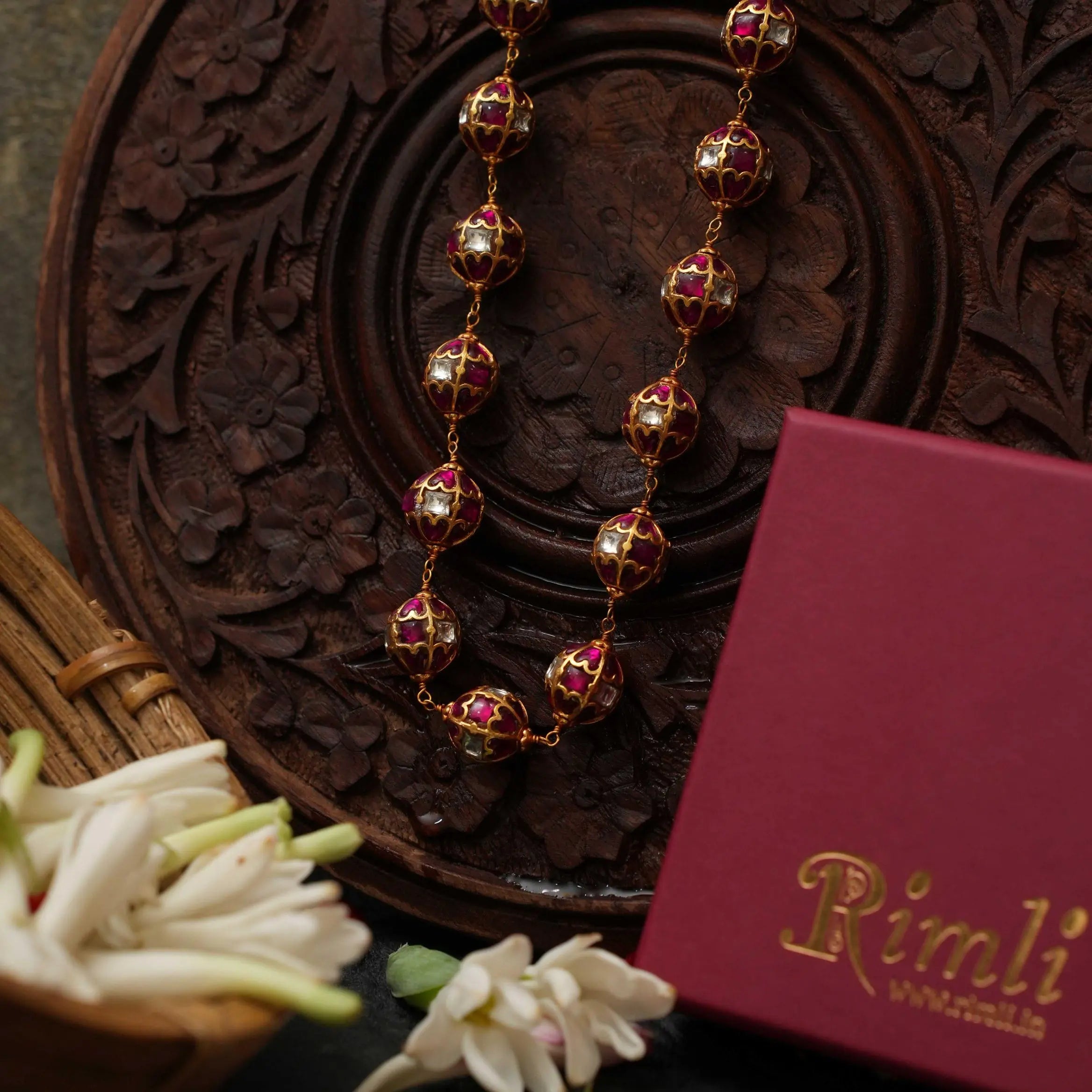 Veida Silver Beaded Necklace - Reddish Pink