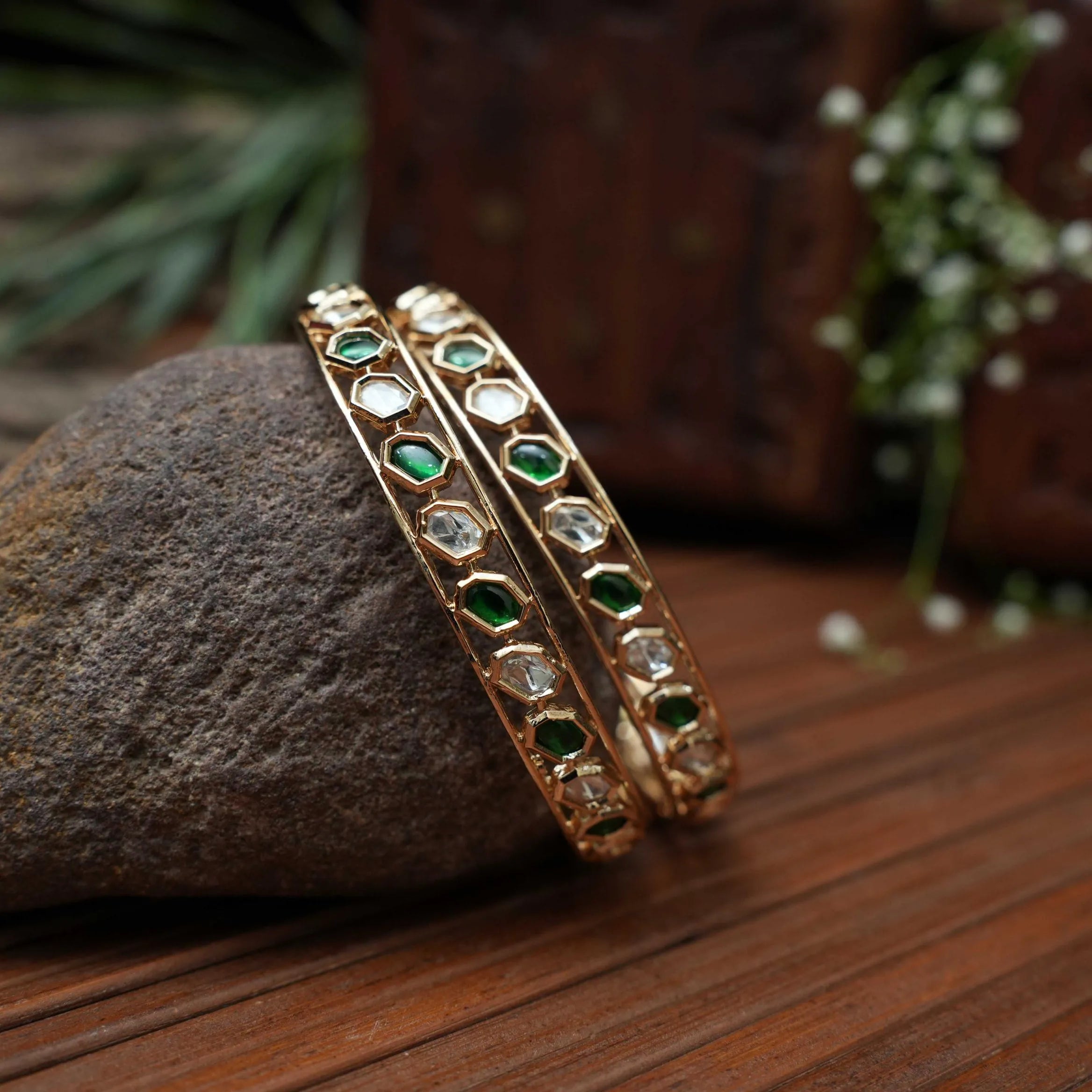 Vidushi Polki Bangles - White & Green