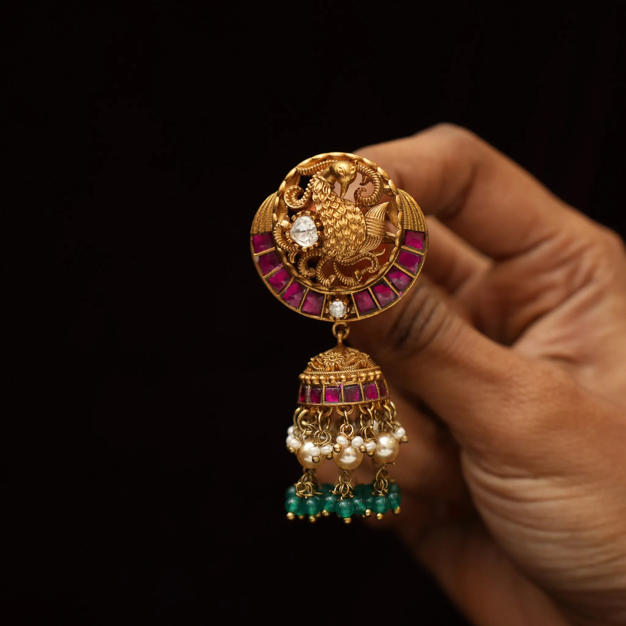 Vihana Antique Jhumka Earrings - Red