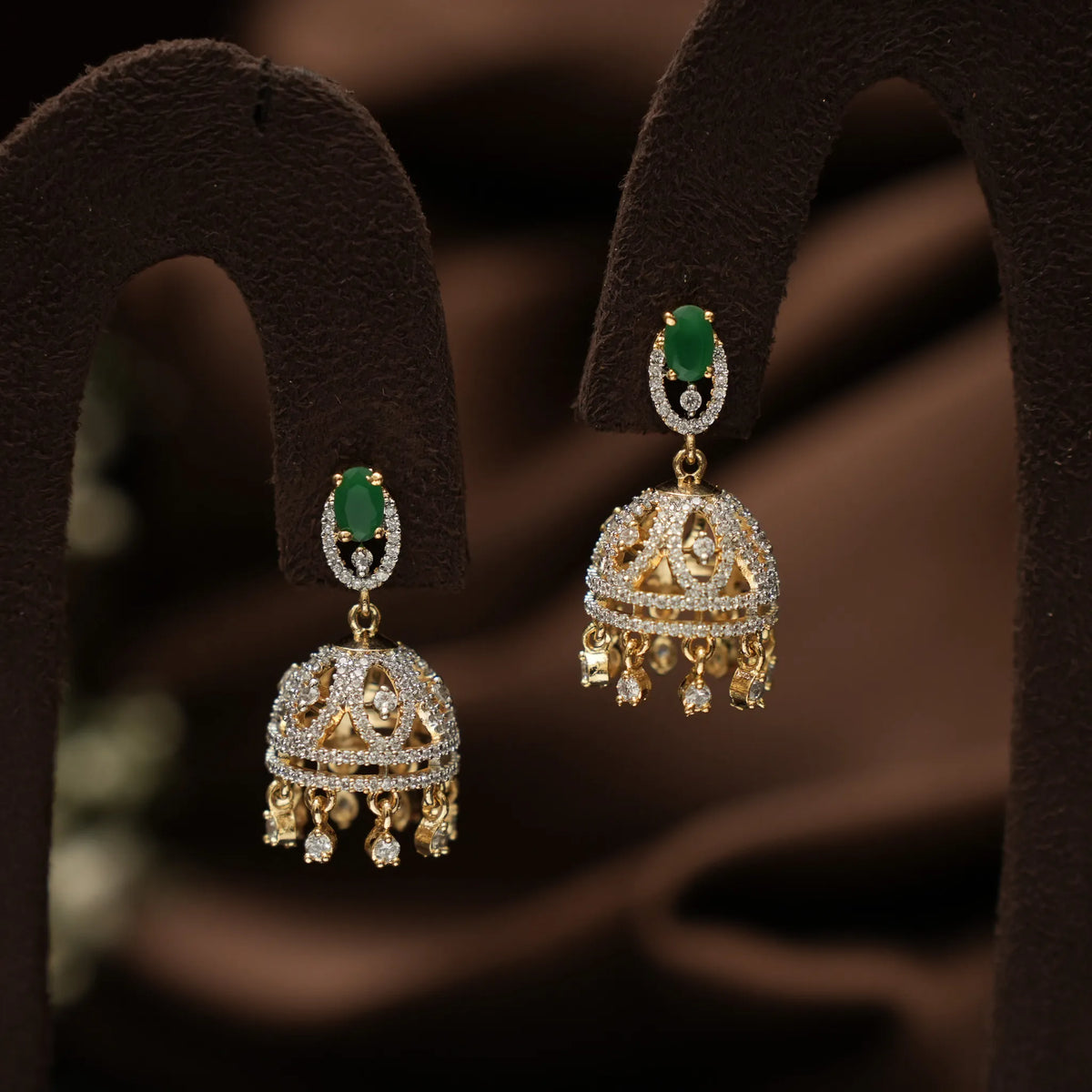 Yoshita Zircon Jhumka Earrings - green