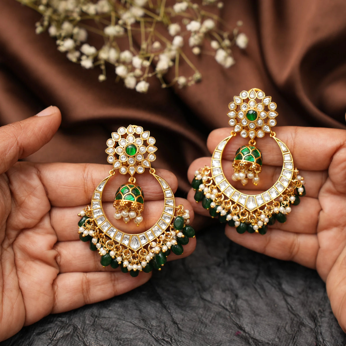 Tara Polki Chandbali Earrings - Green