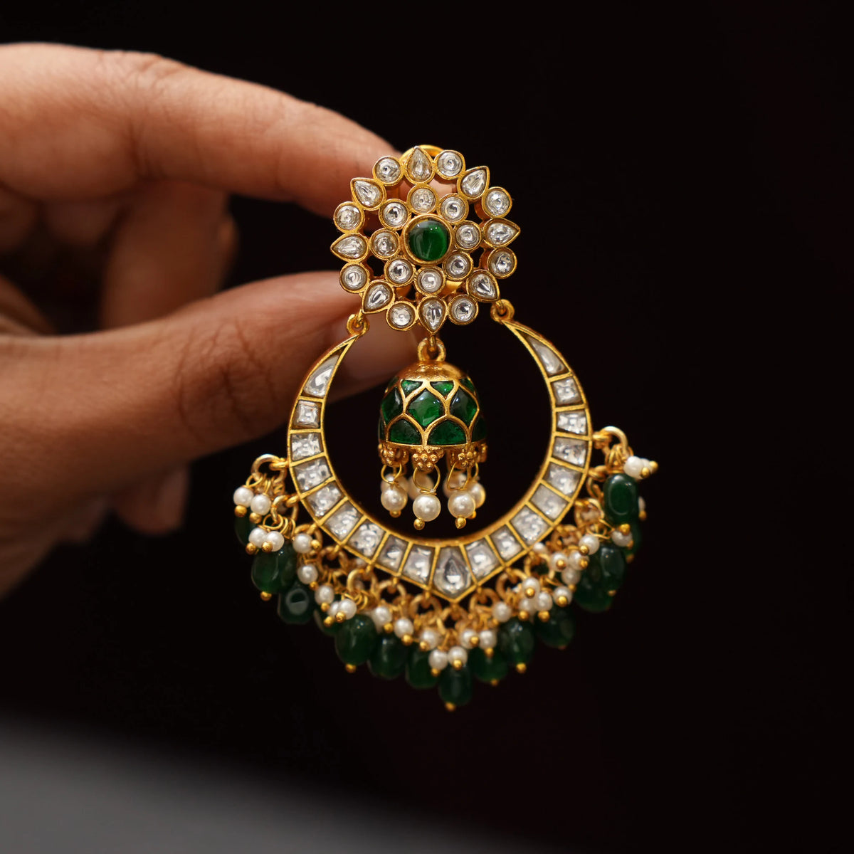 Tara Polki Chandbali Earrings - Green