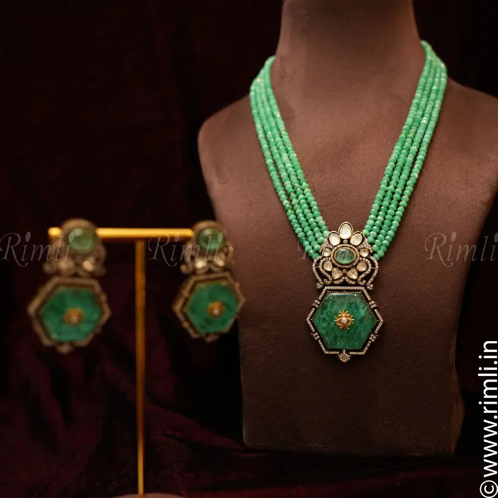 Alka Polki Beaded Necklace - Green - Rimli Boutique