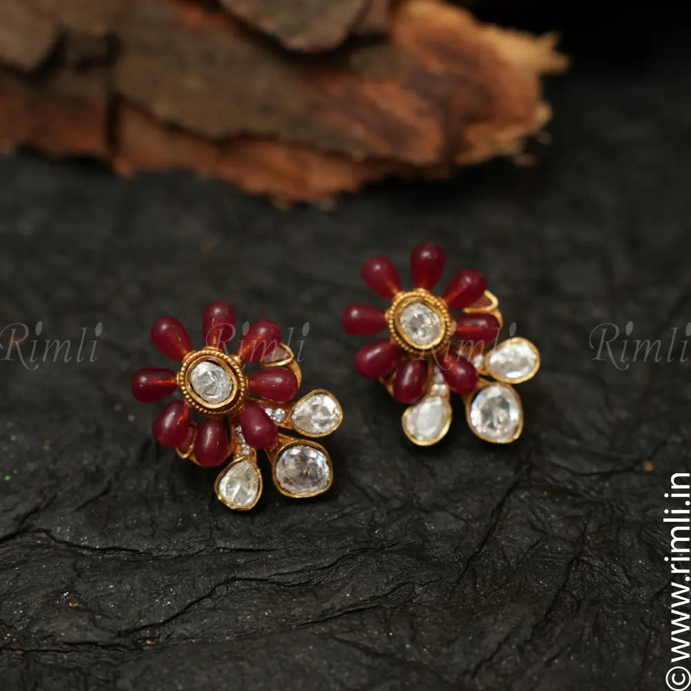 Ayana Polki Ear Stud - Red - Rimli Boutique