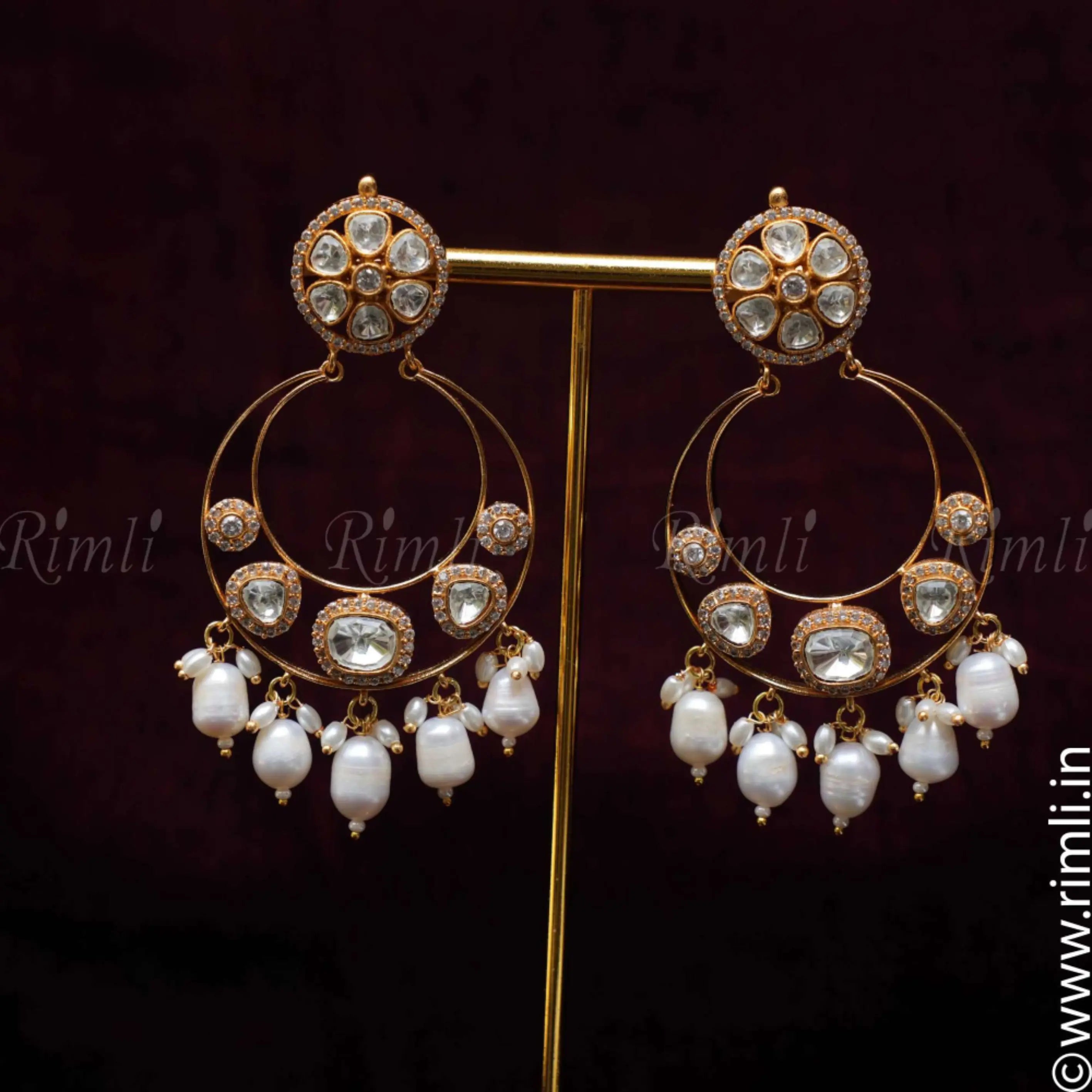 Nyra Chandbali Earrings - White - Rimli Boutique