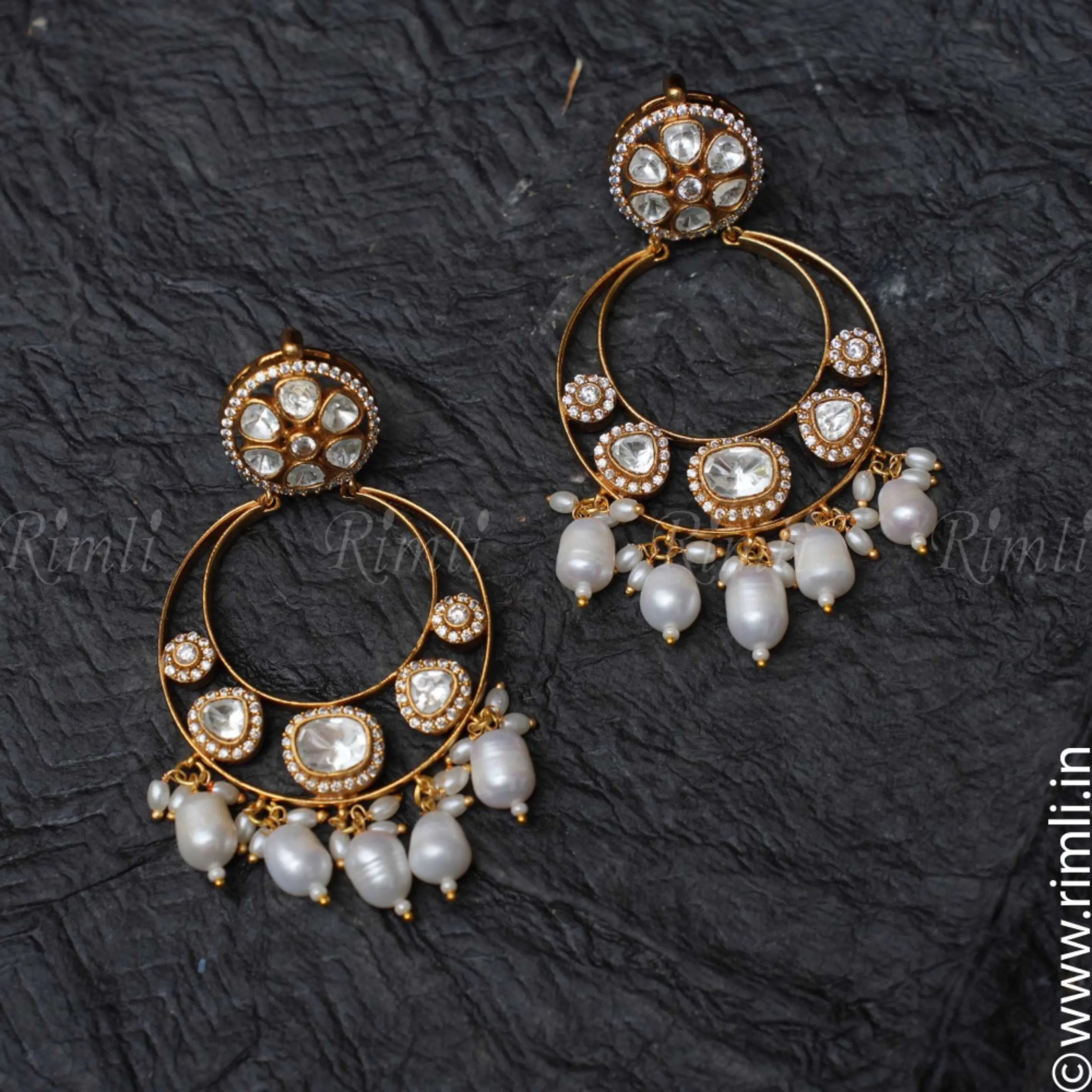 Nyra Chandbali Earrings - White - Rimli Boutique