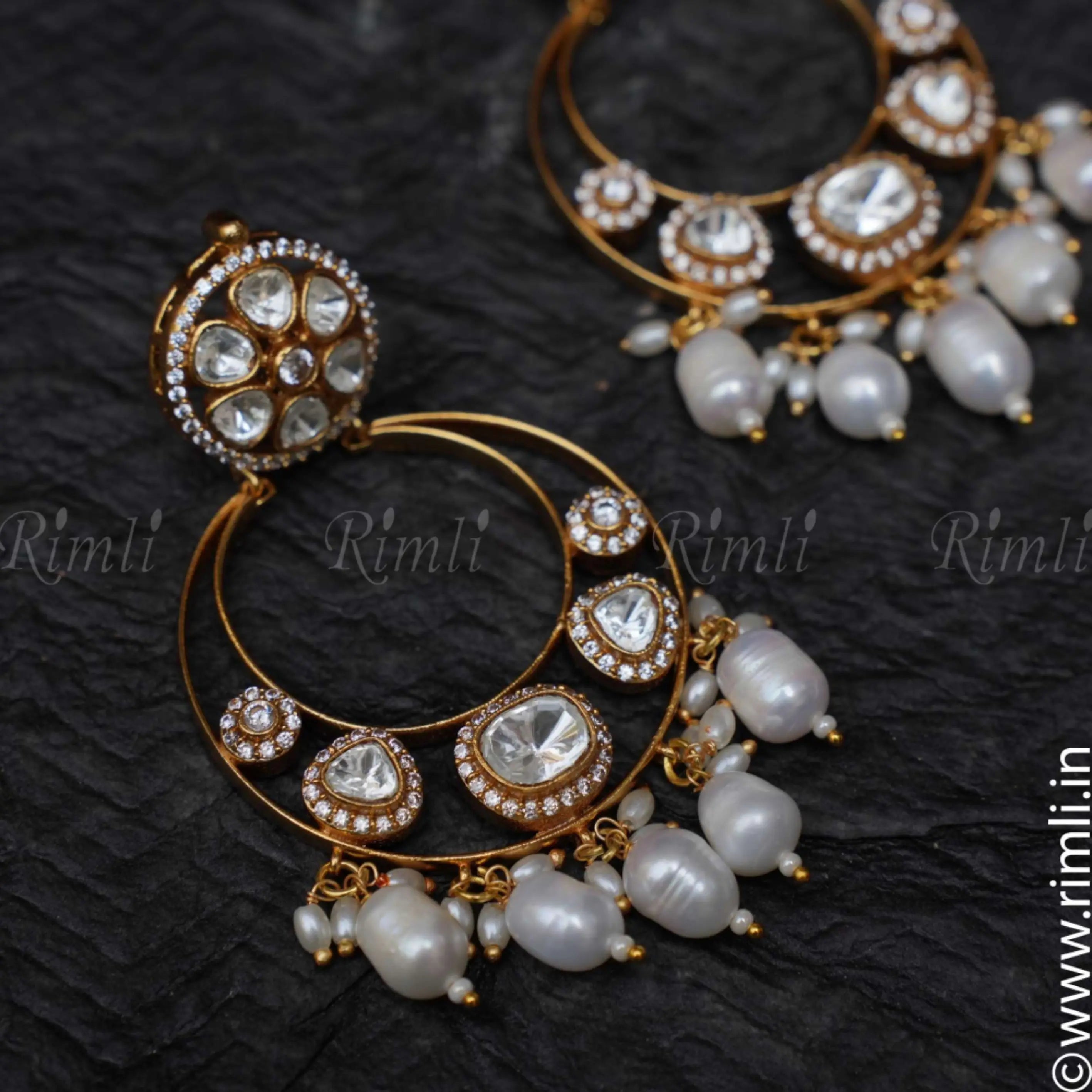 Nyra Chandbali Earrings - White - Rimli Boutique