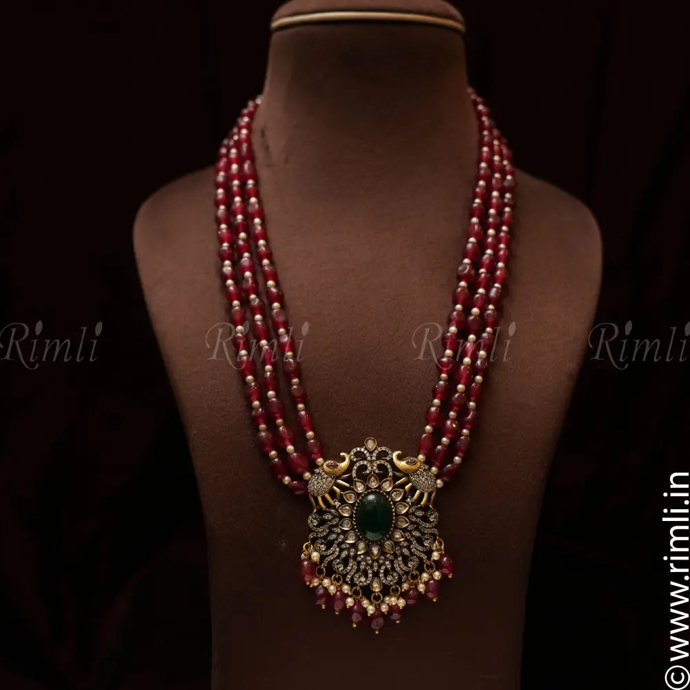 Deeptha Victorian Beaded Necklace - Red & Green - Rimli Boutique