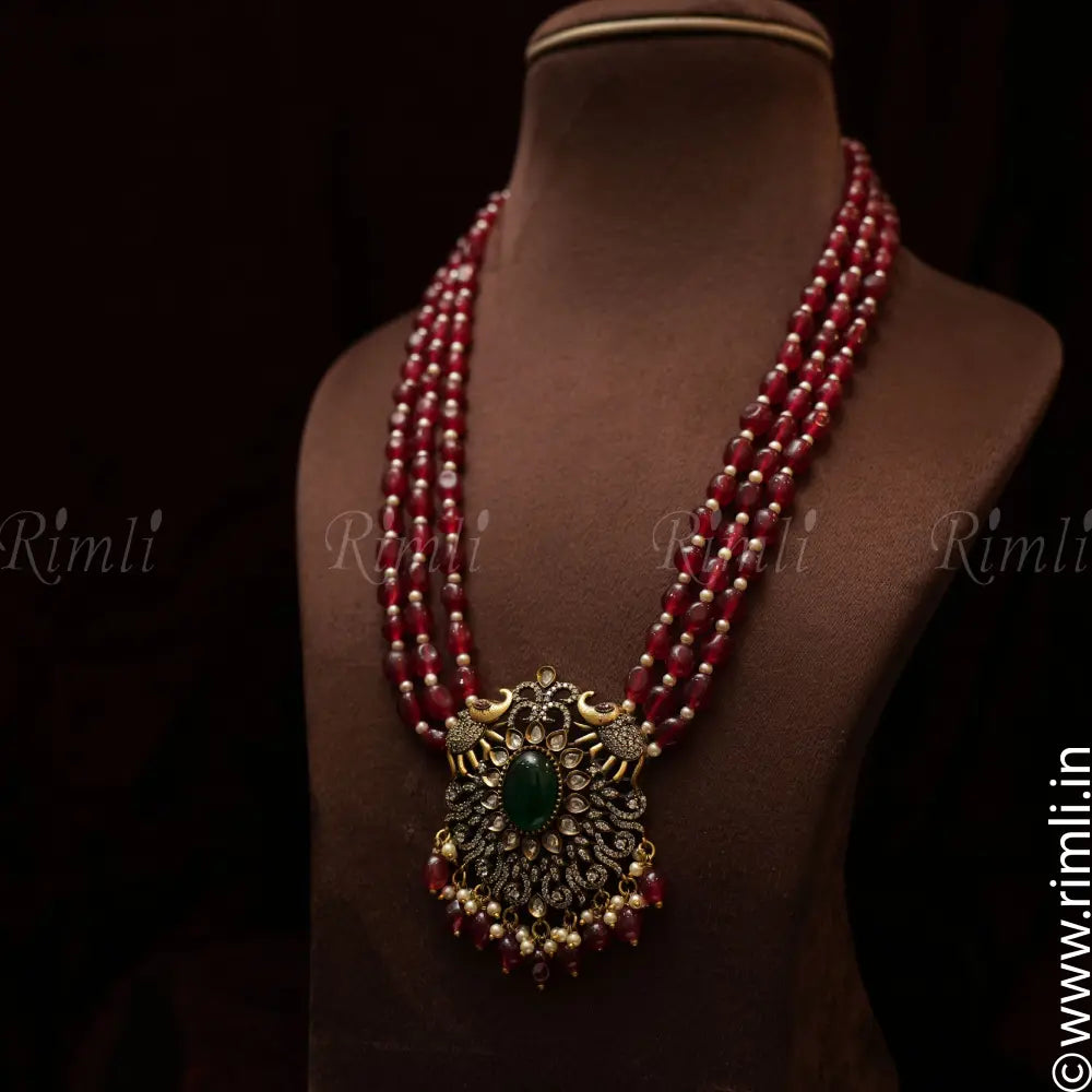 Deeptha Victorian Beaded Necklace - Red & Green - Rimli Boutique