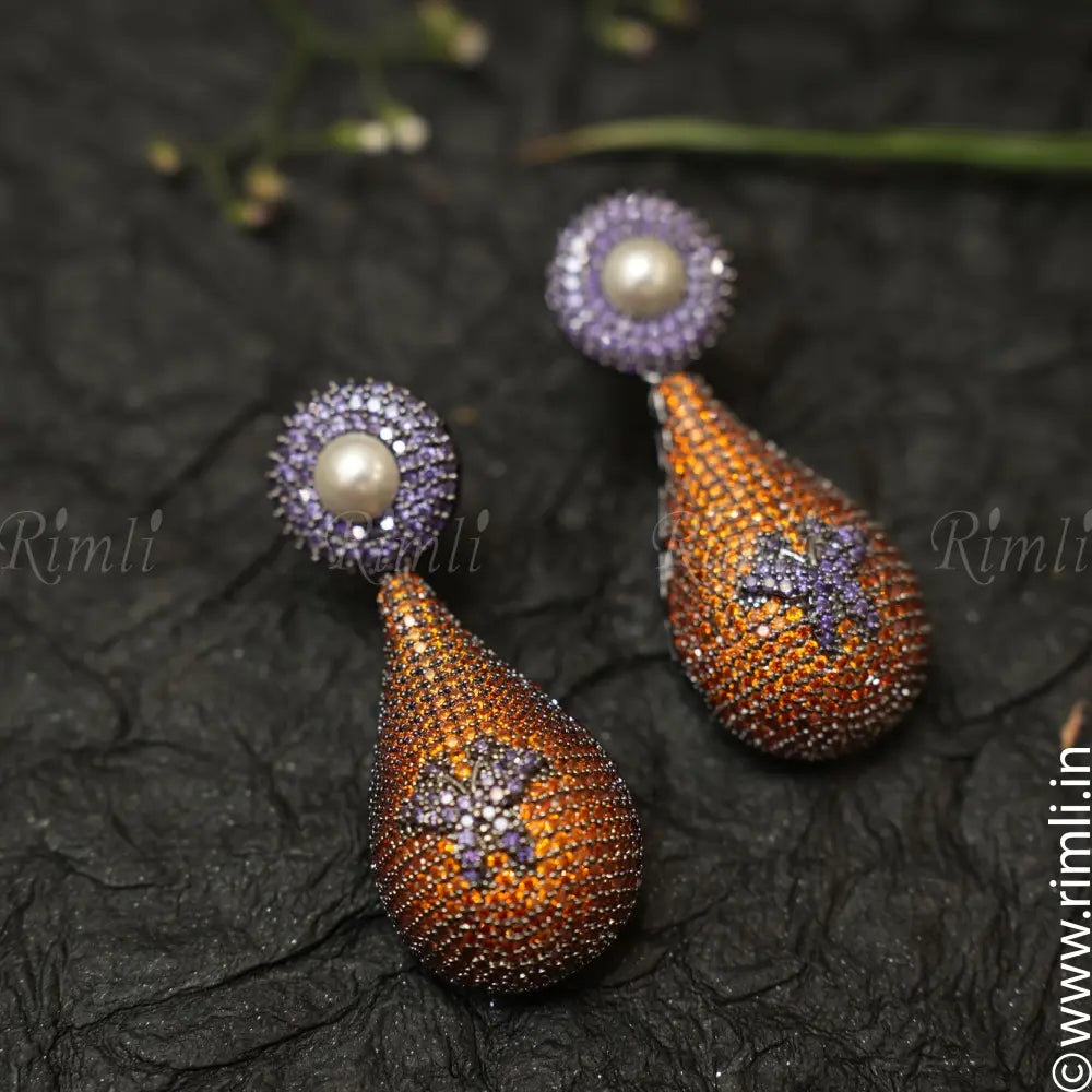 Dhanvi Zircon Earrings - Orange - Rimli Boutique