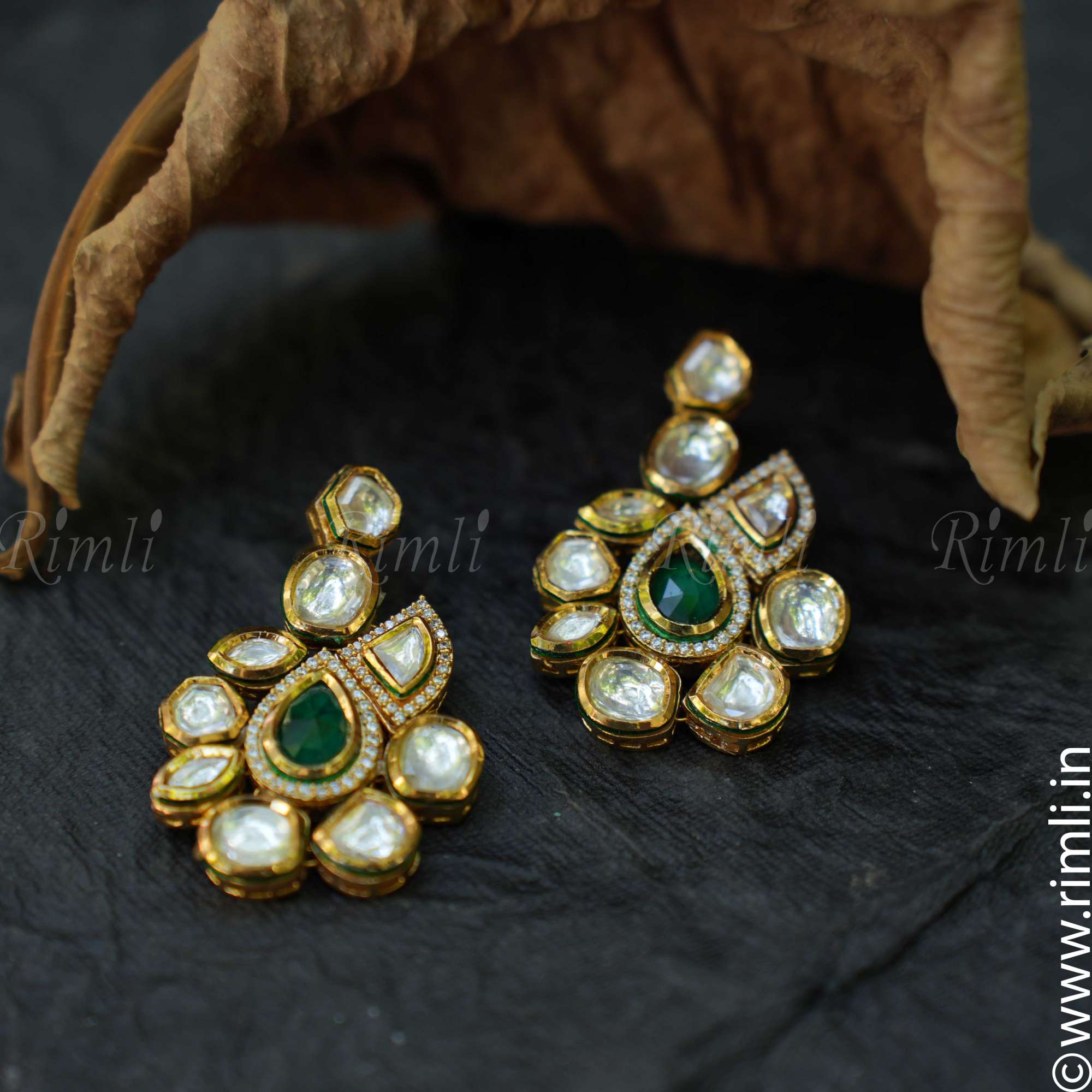 Geometric Kundan Earrings - Green