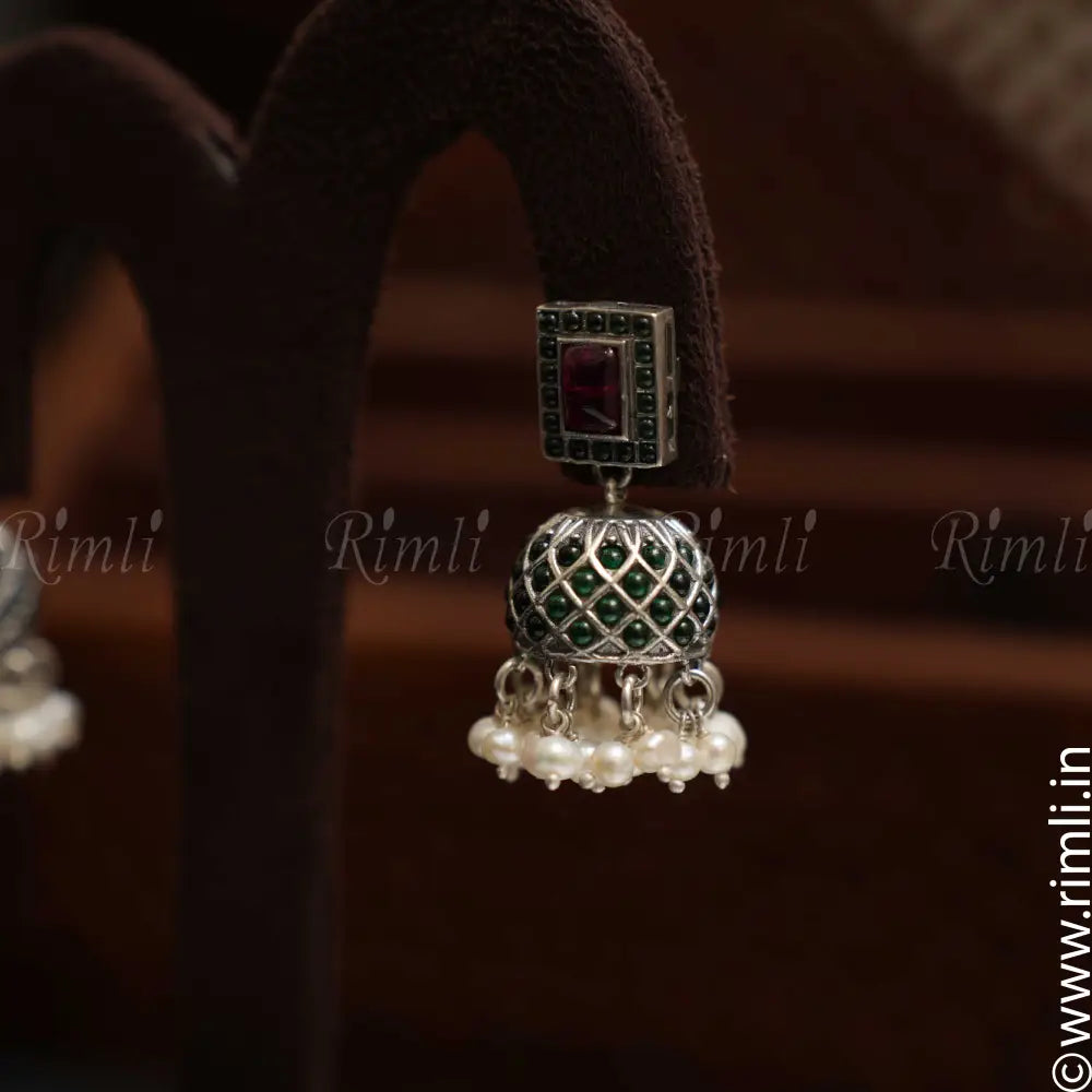 Gamya Silver Jhumka - Green - Rimli Boutique