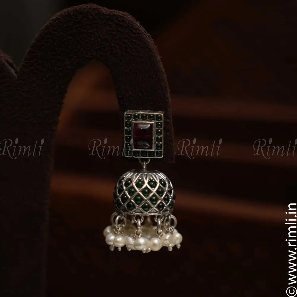 Gamya Silver Jhumka - Green - Rimli Boutique