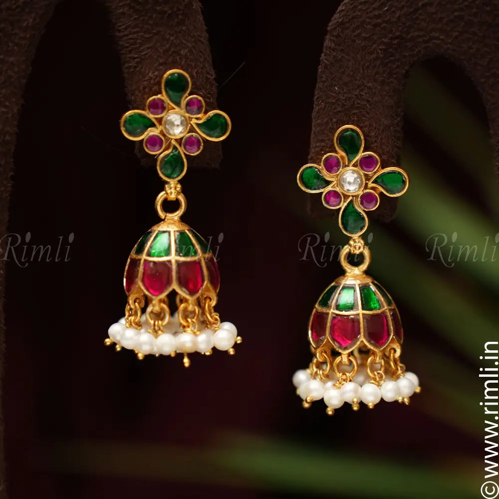 Medha Silver Jhumka - Green & Pink - Rimli Boutique