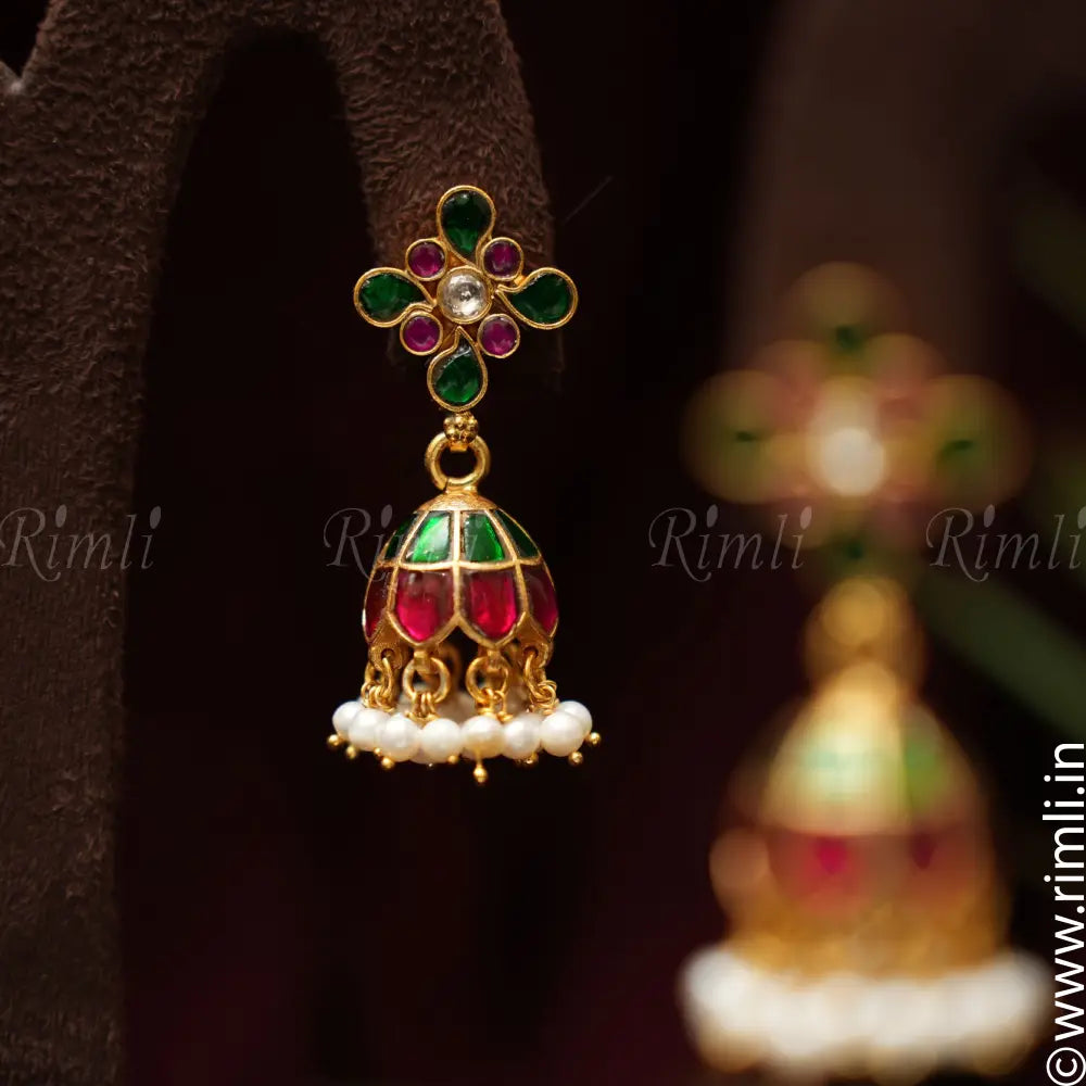 Medha Silver Jhumka - Green & Pink - Rimli Boutique
