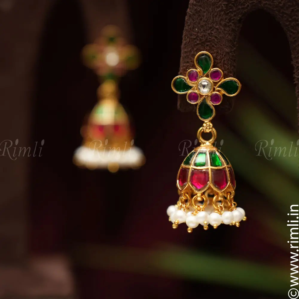 Medha Silver Jhumka - Green & Pink - Rimli Boutique