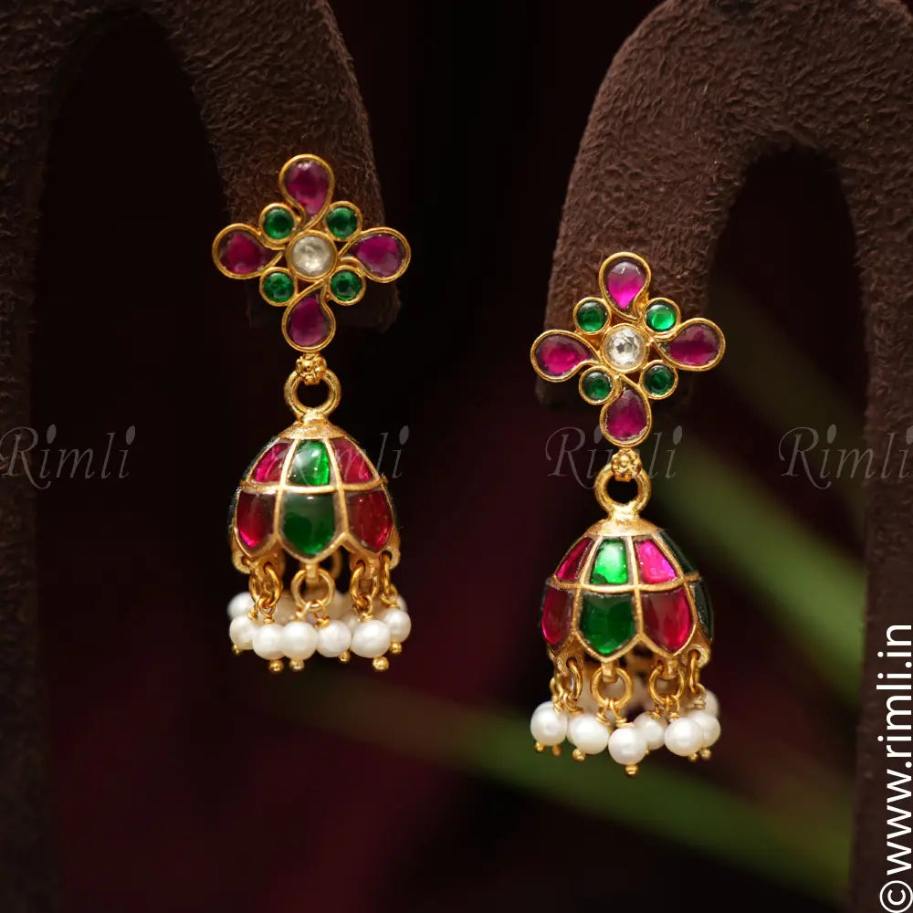 Medha Silver Jhumka - Green & Pink - Rimli Boutique