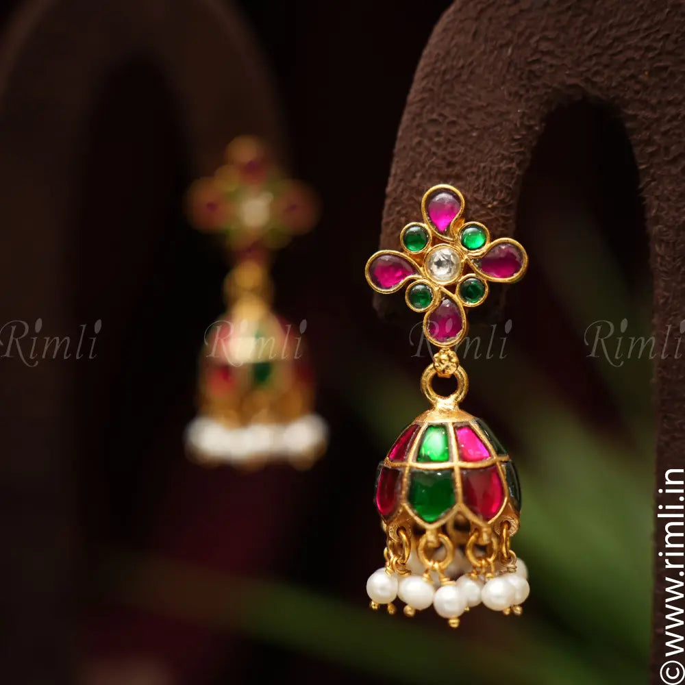 Medha Silver Jhumka - Green & Pink - Rimli Boutique