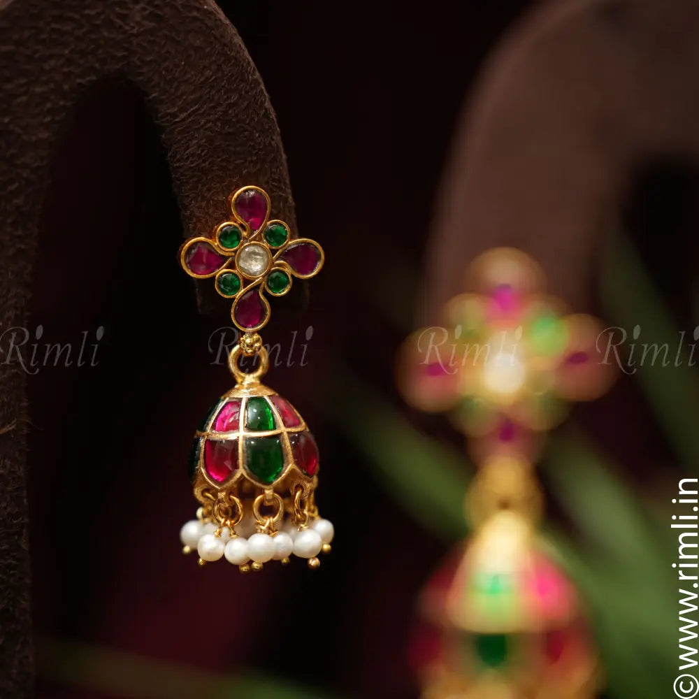 Medha Silver Jhumka - Green & Pink - Rimli Boutique