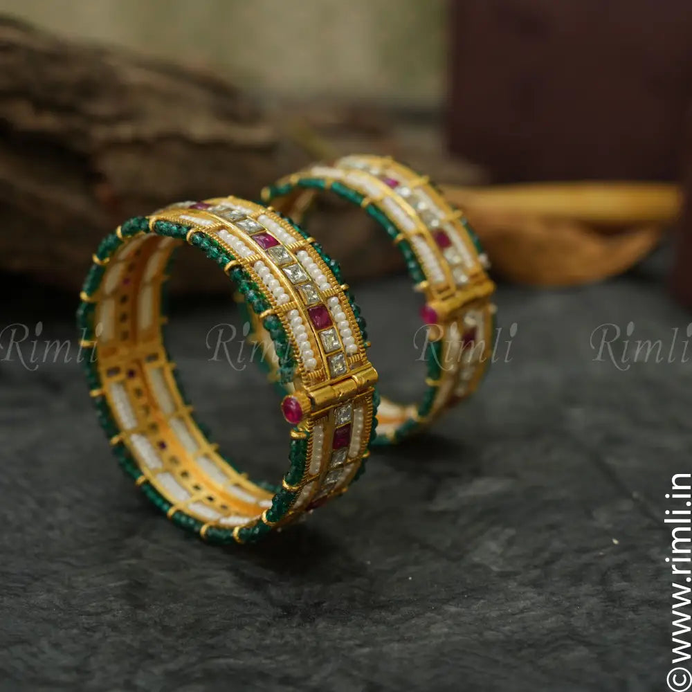 Designer Pearl Polki Bangles - Green - Rimli Boutique