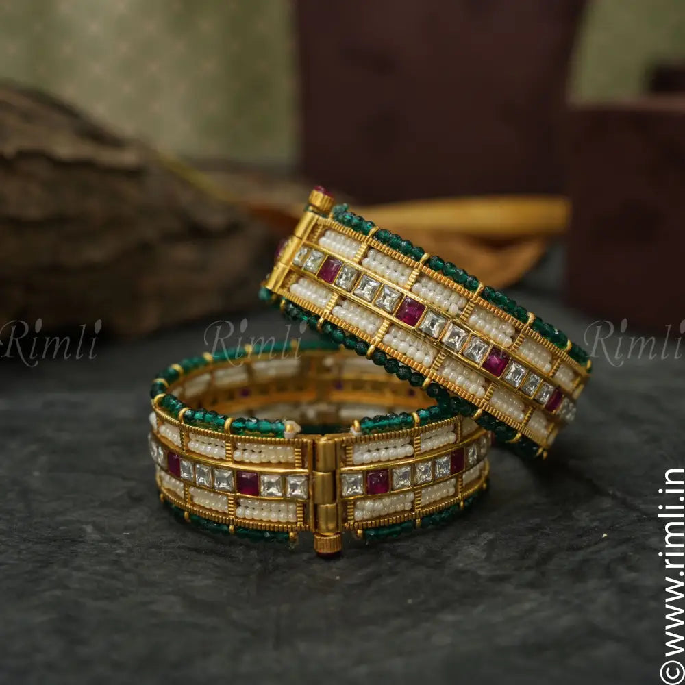 Designer Pearl Polki Bangles - Green - Rimli Boutique