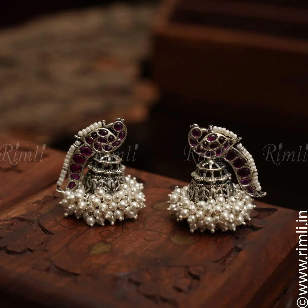 Viksha Silver Peacock Jhumka - Rimli Boutique