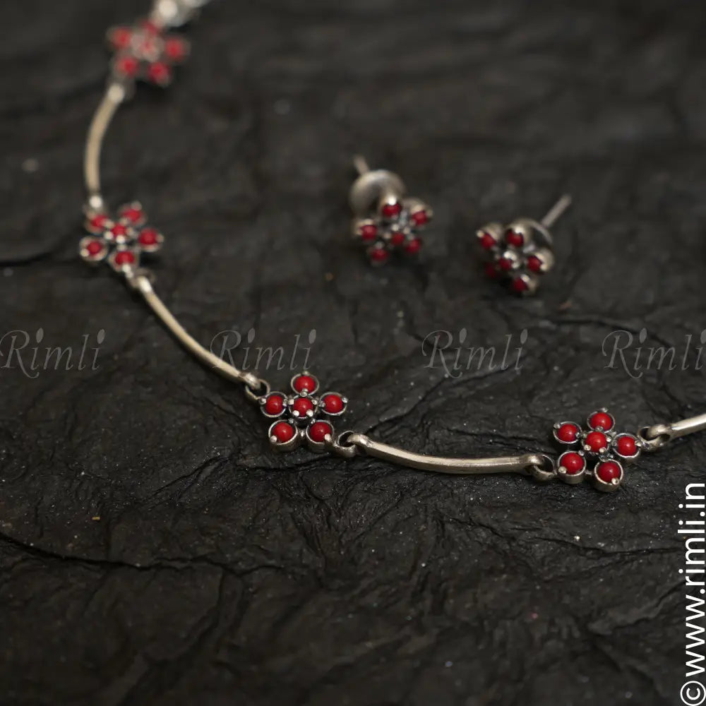 Tanisha Silver Necklace - Coral - Rimli Boutique