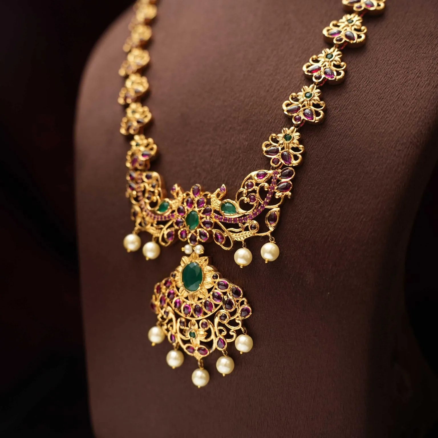 Traditional Temple Necklace Set With Red and Green Stones - Rimli Boutique