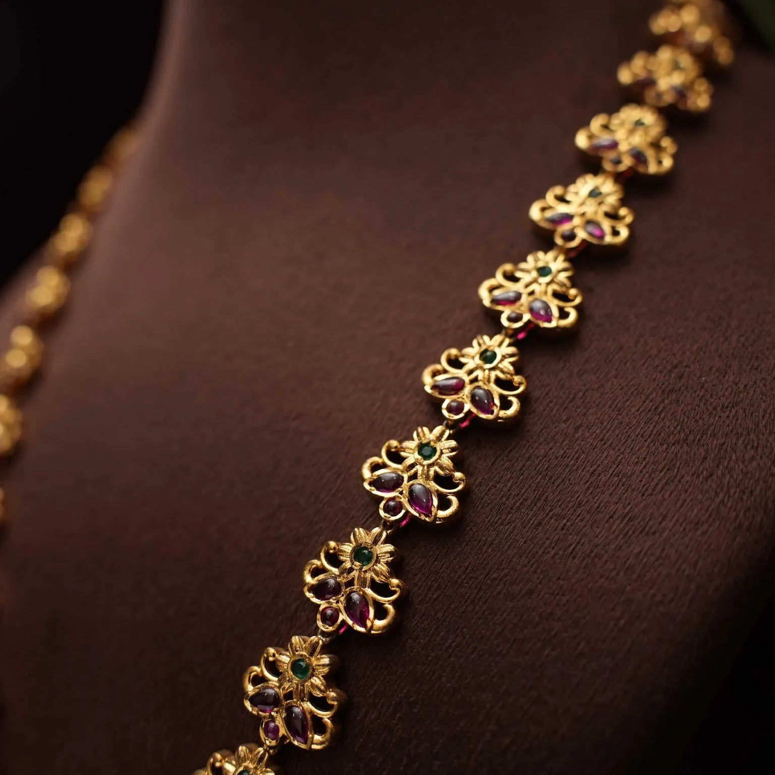 Traditional Temple Necklace Set With Red and Green Stones - Rimli Boutique