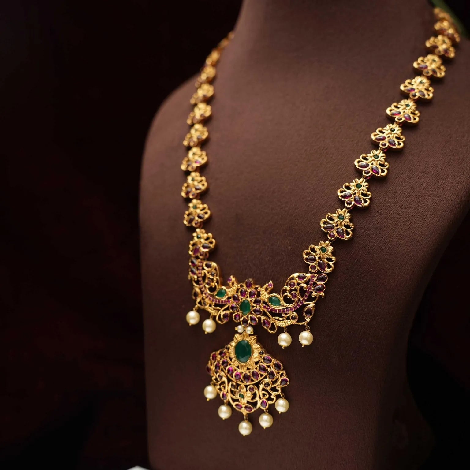 Traditional Temple Necklace Set With Red and Green Stones - Rimli Boutique